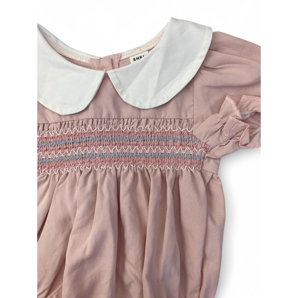 3-6M Light Pink Collared Smocked Romper - Shein