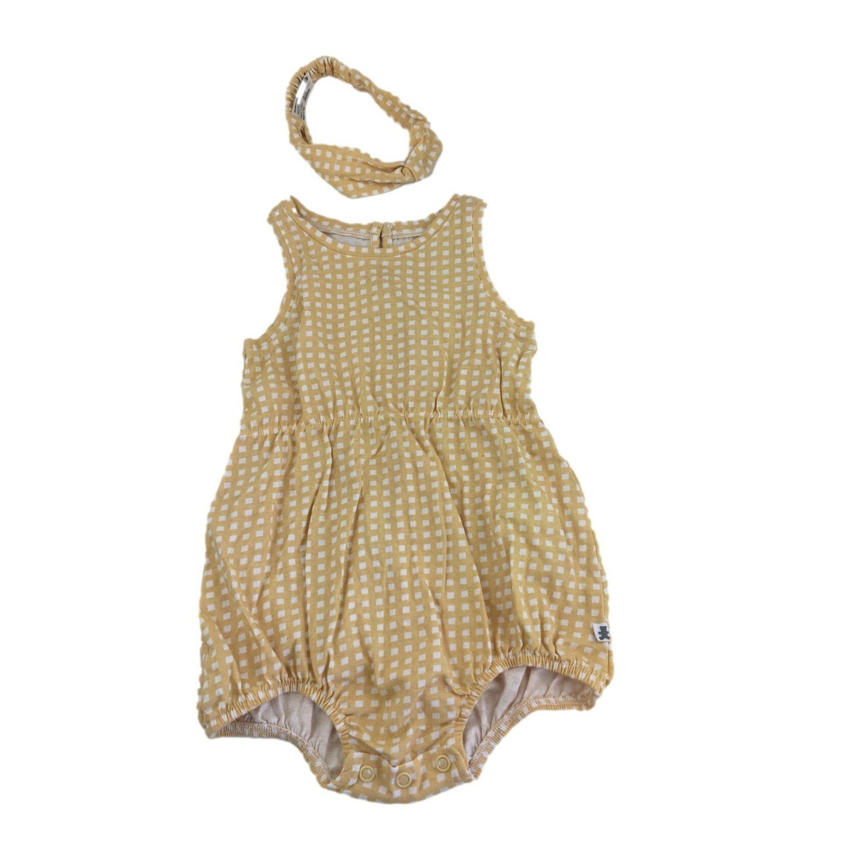 1-3M Yellow & White Check Romper & Headband - Woolworths