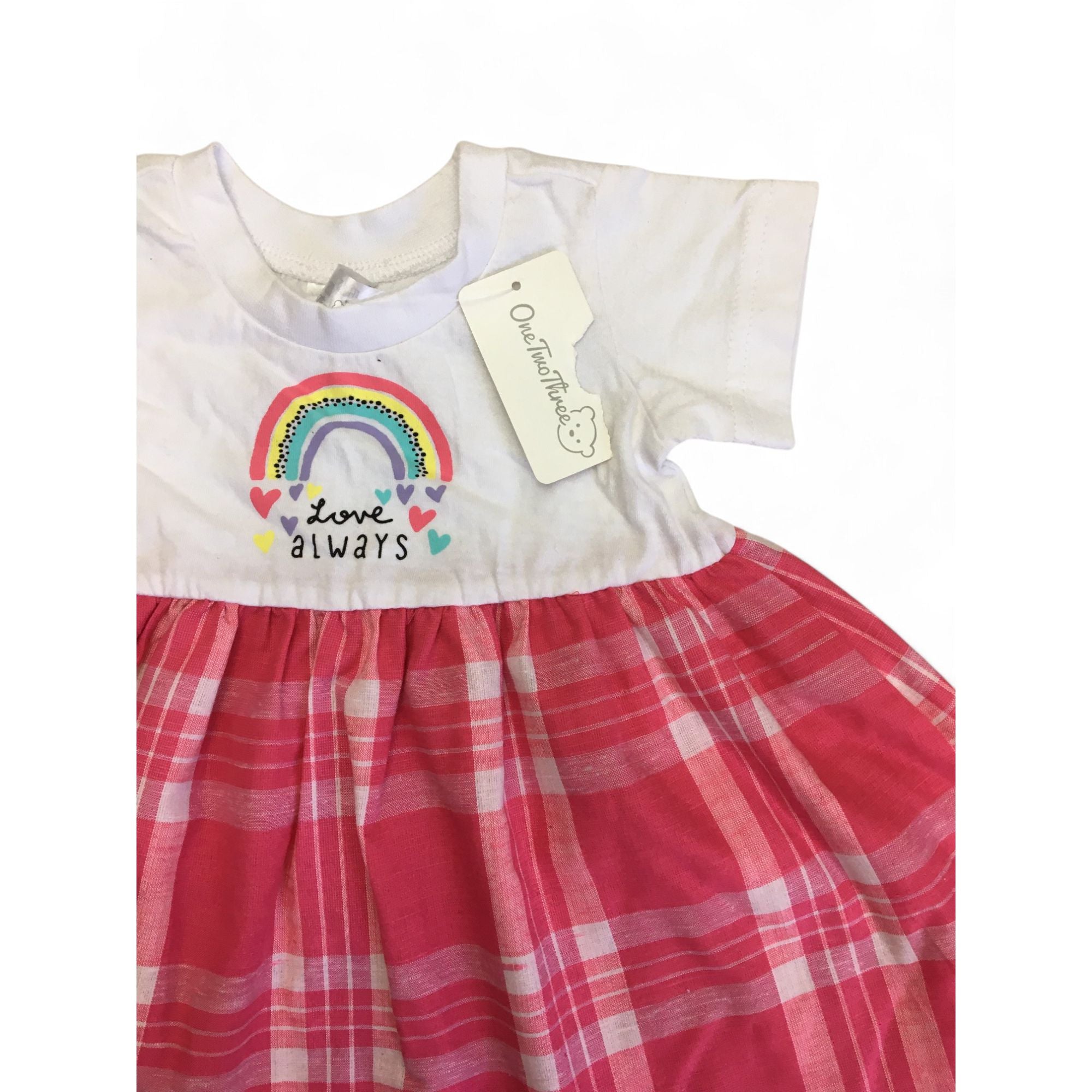 3-6M White & Pink Check T Shirt Dress - OneTwoThree