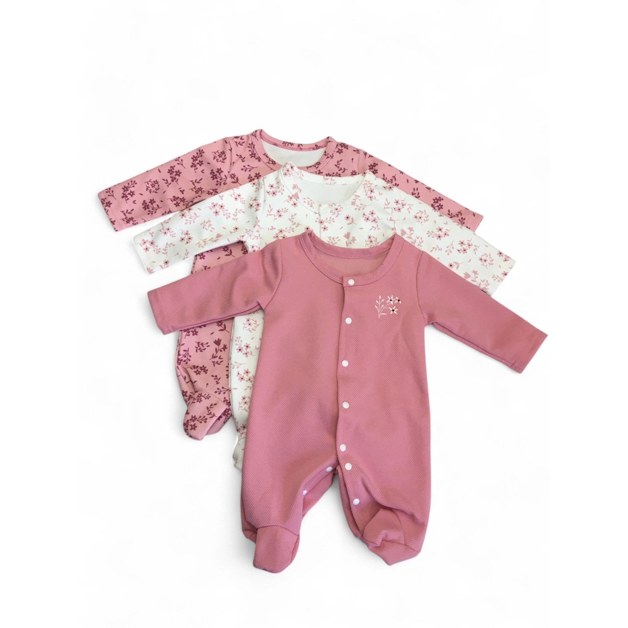 0-1M Pink Waffle Snap Floral Set Of Three Onesies - Shein