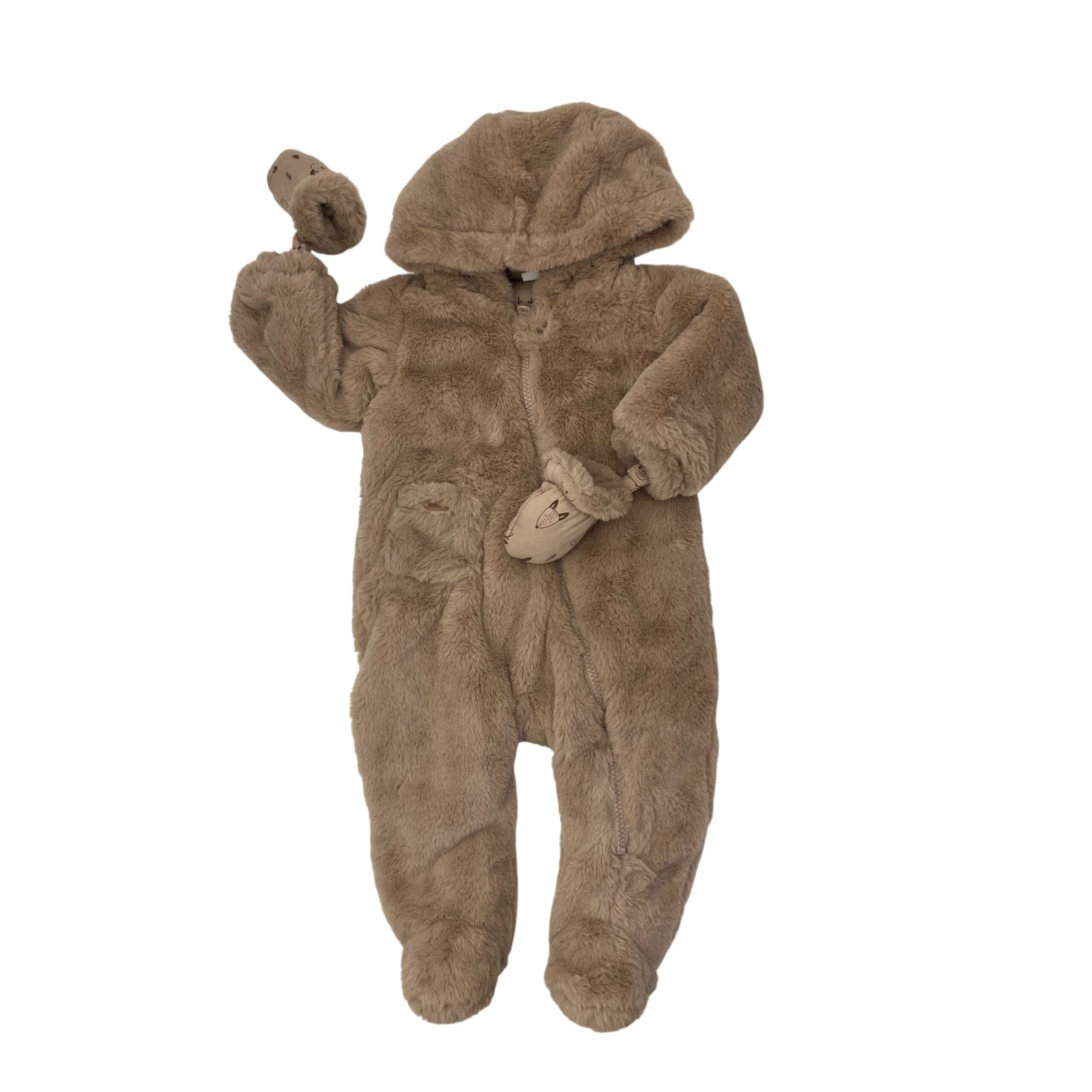 3-6M Beige Fleece Snowsuit & Mittens - Giggles