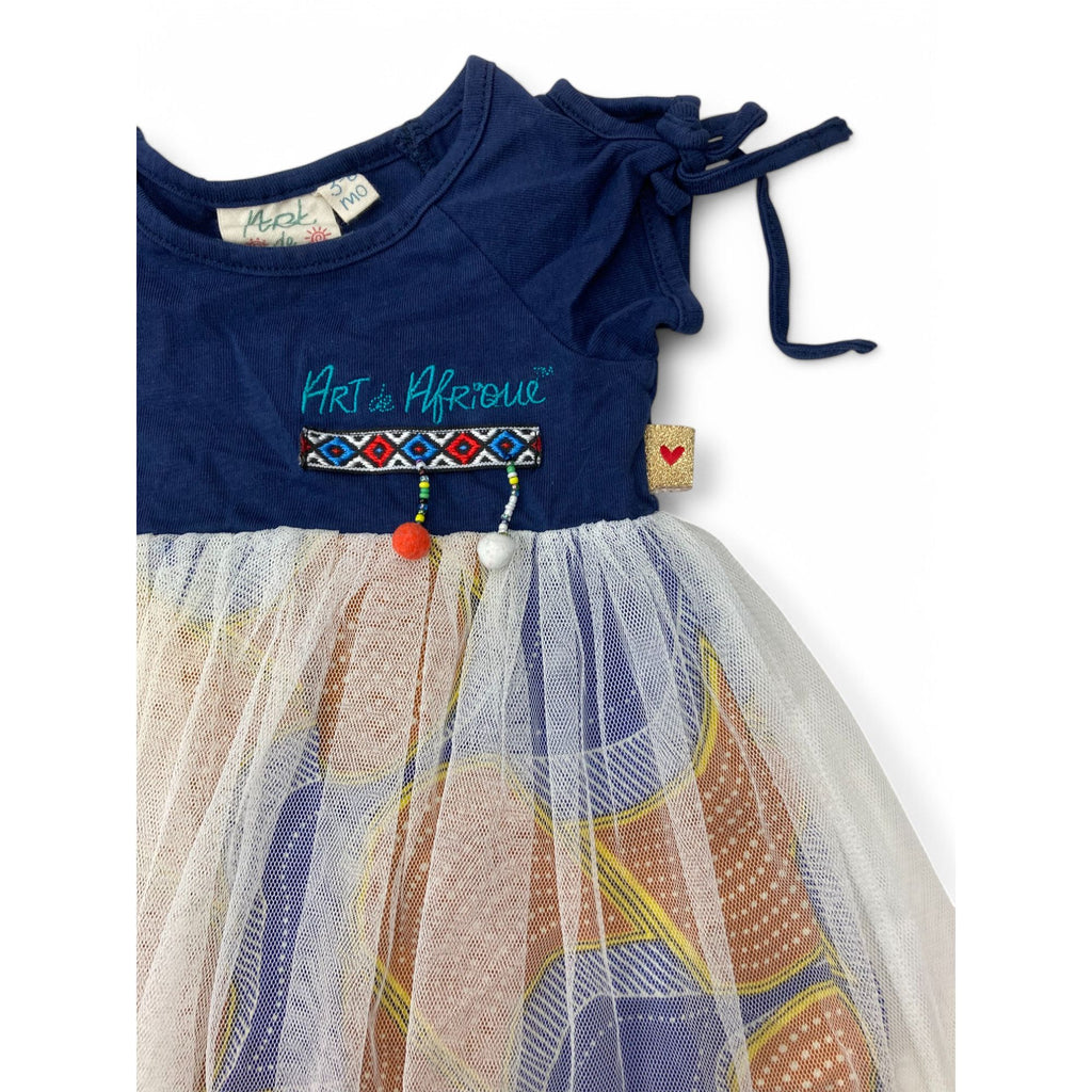 3-6M Navy Blue & White Tulle Shweshwe Dress - Art de Afrique