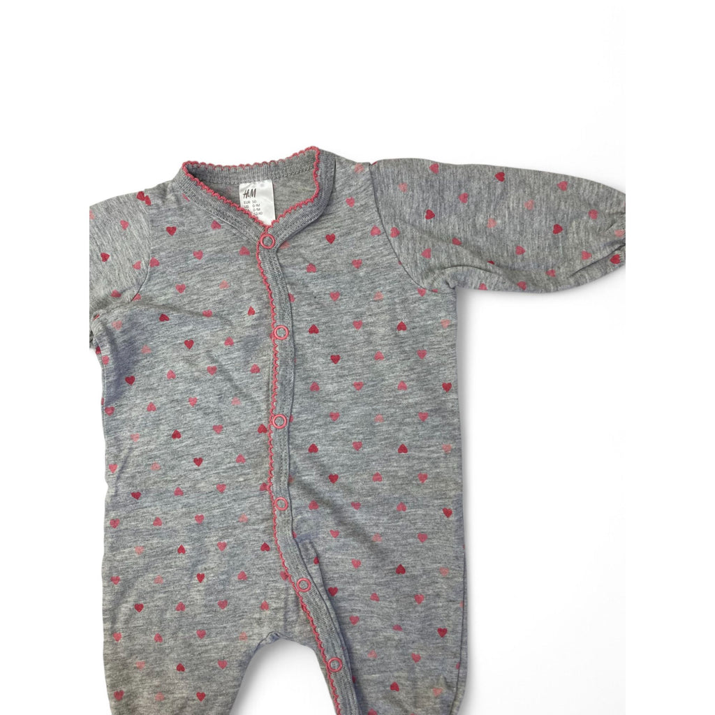 US 0-1M Grey & Pink Heart Snap Onesie - H&M