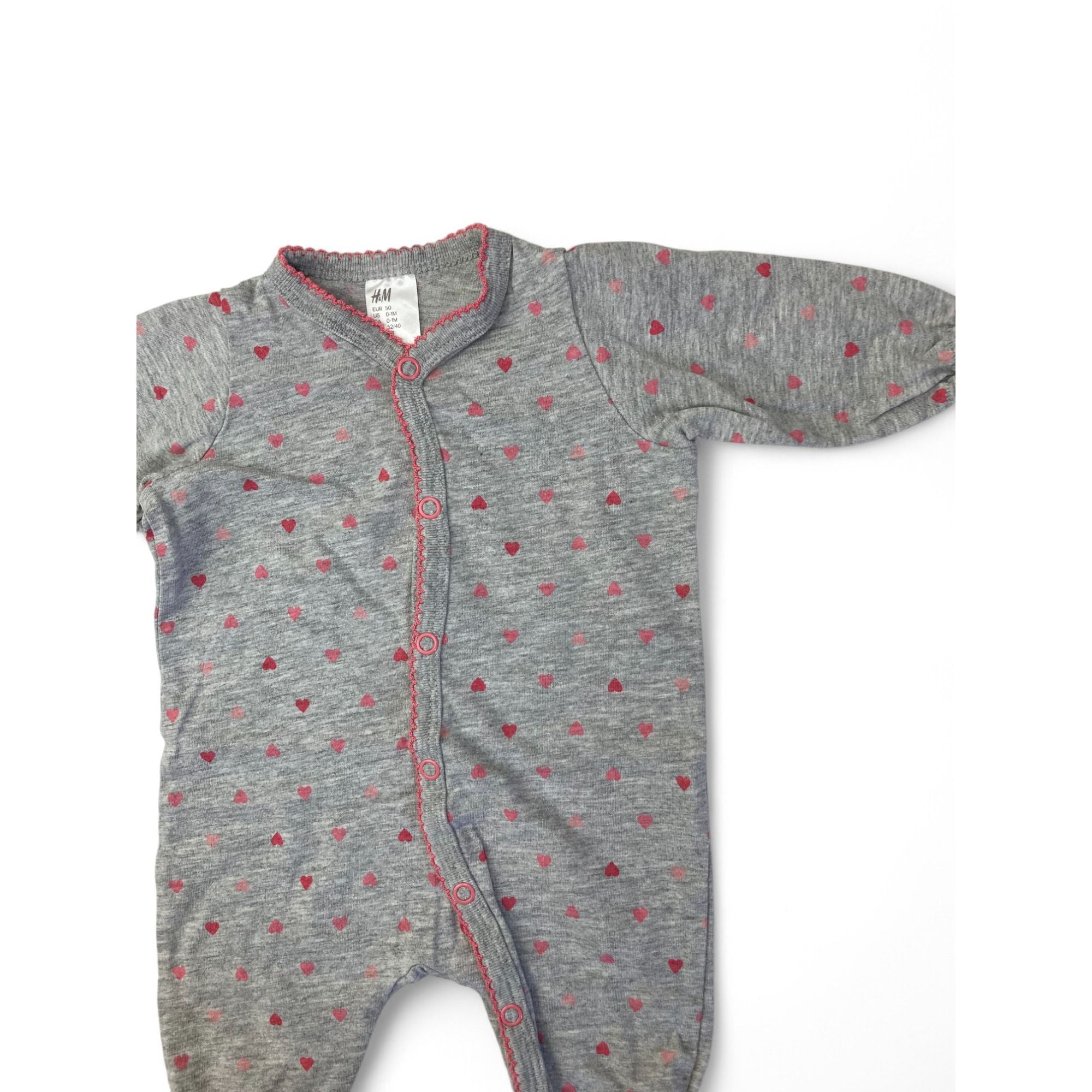 US 0-1M Grey & Pink Heart Snap Onesie - H&M