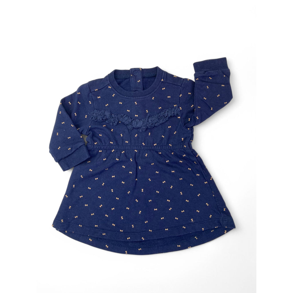 3-6M Navy Blue & Gold Bow Cotton Fleece Dress - Woolworths