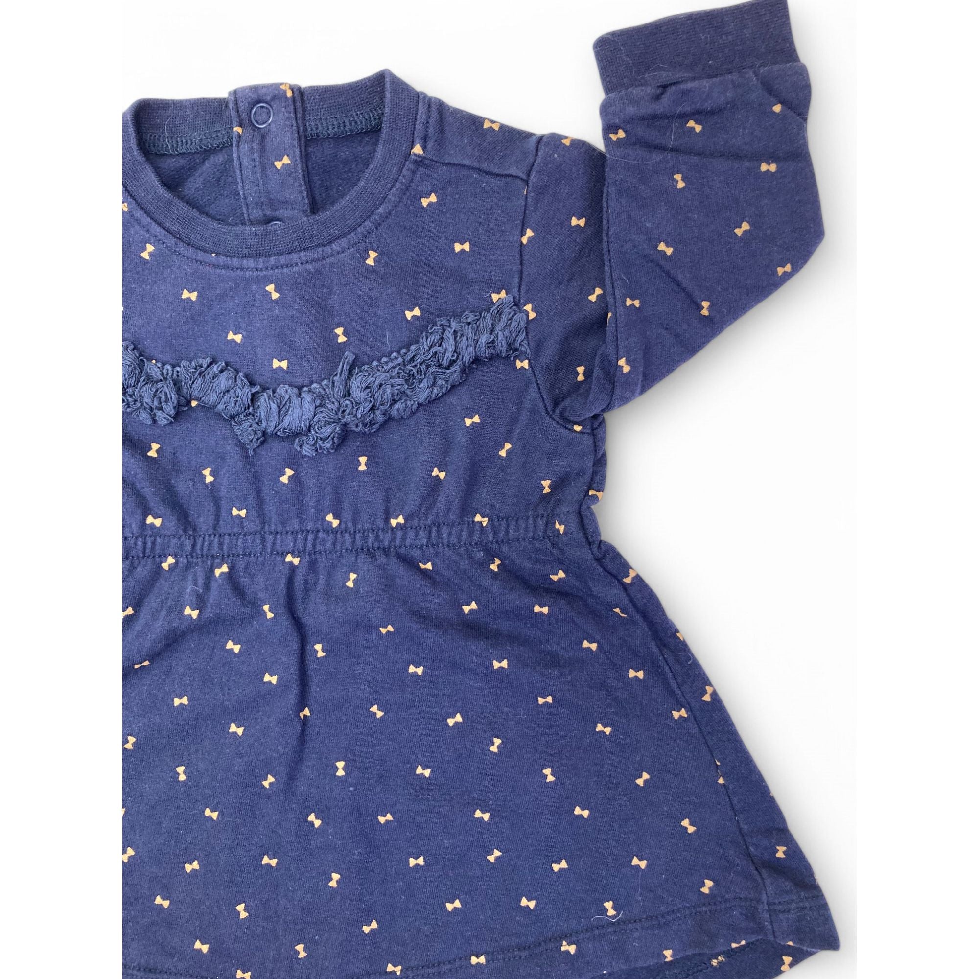 3-6M Navy Blue & Gold Bow Cotton Fleece Dress - Woolworths