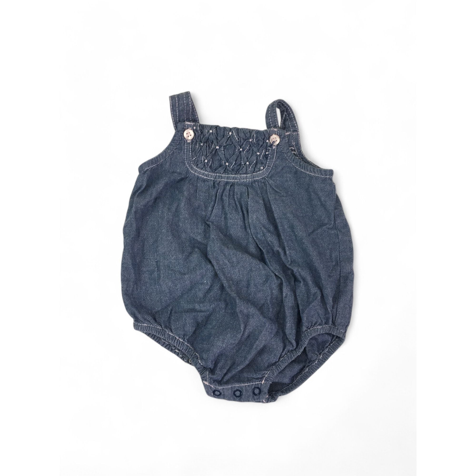 0-3M Blue Chambray Shirred Pinafore Romper - Miniclub