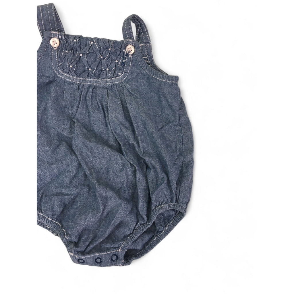 0-3M Blue Chambray Shirred Pinafore Romper - Miniclub