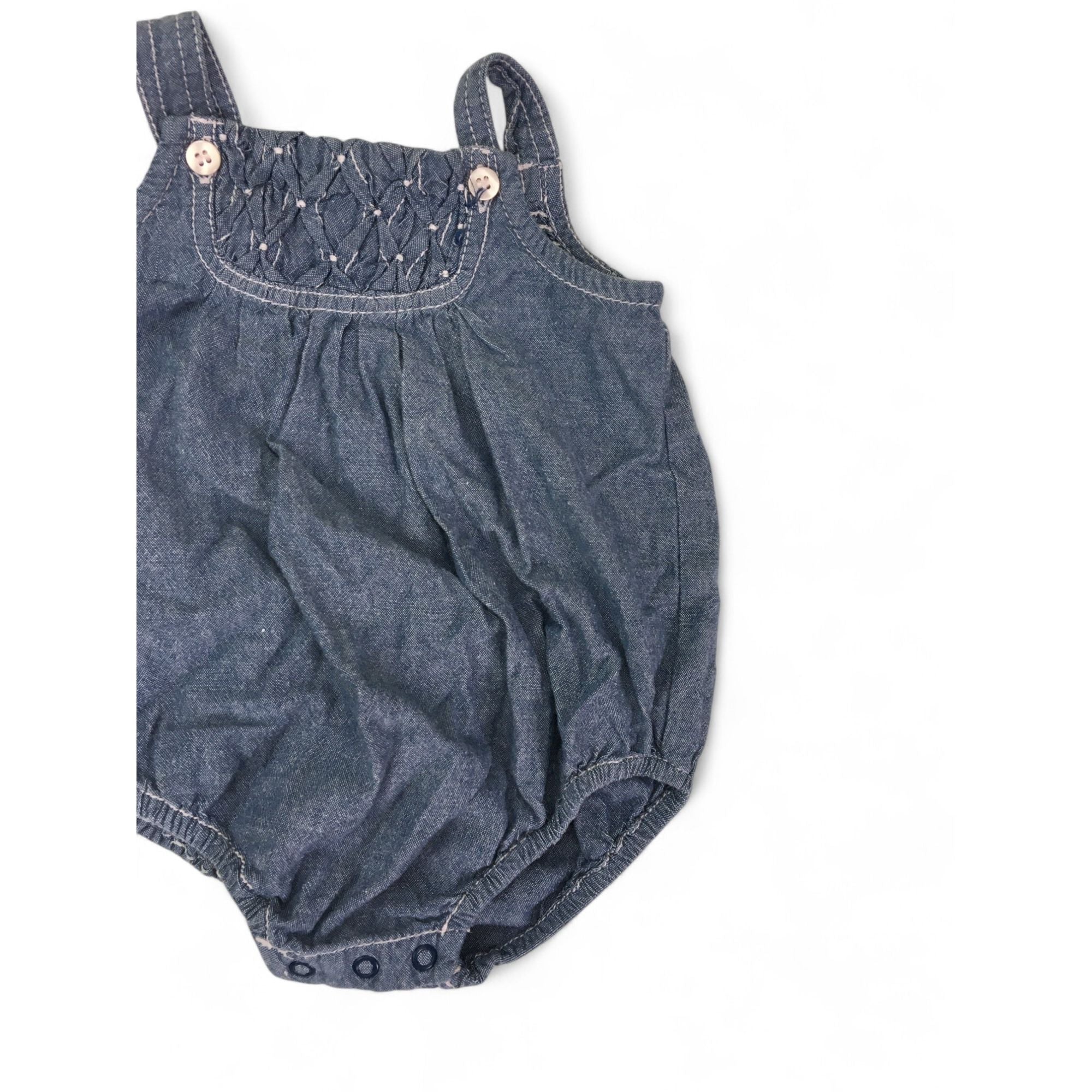 0-3M Blue Chambray Shirred Pinafore Romper - Miniclub