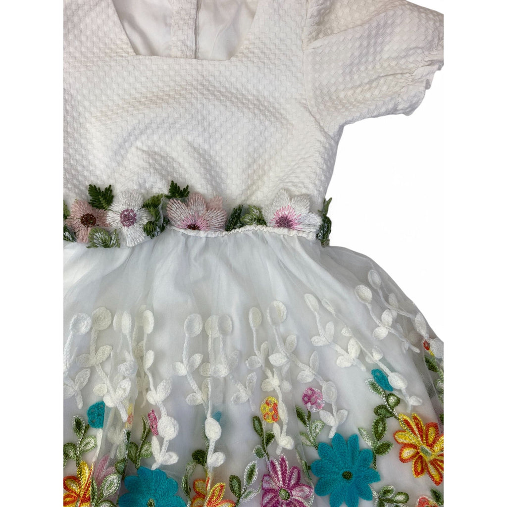 2-3Y Cream Embroidered Flower Tulle Dress - Shein