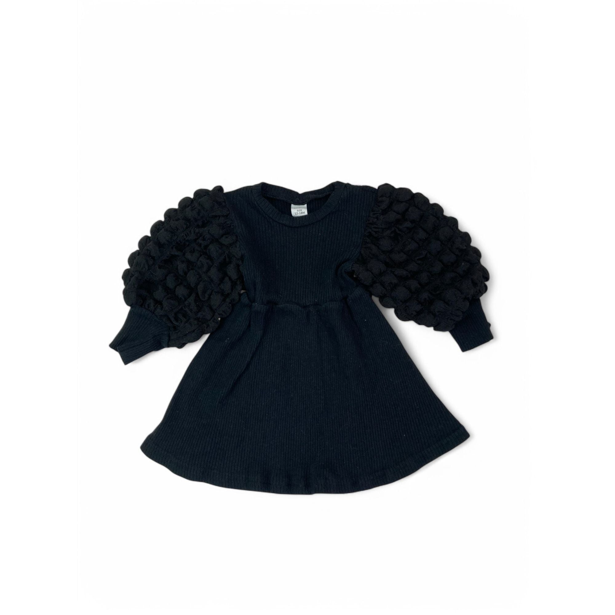 12-18M Black Ribbed Puffer Sleeve Tunic Dress - Shein