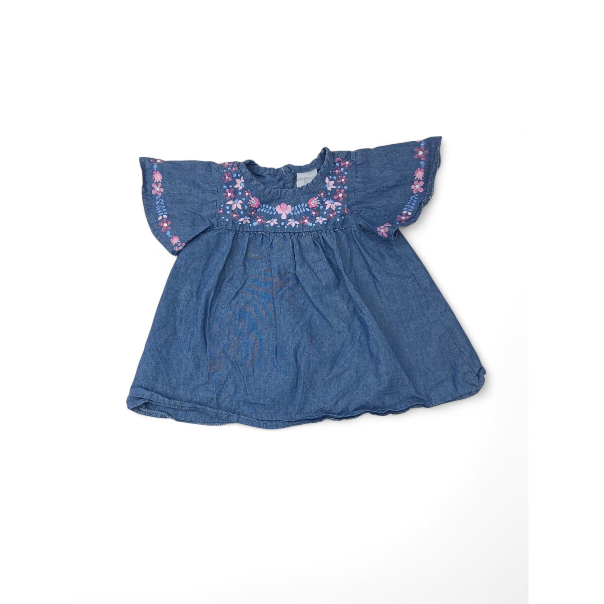 3-6M Light Blue Floral Detail Denim Top - OneTwoThree