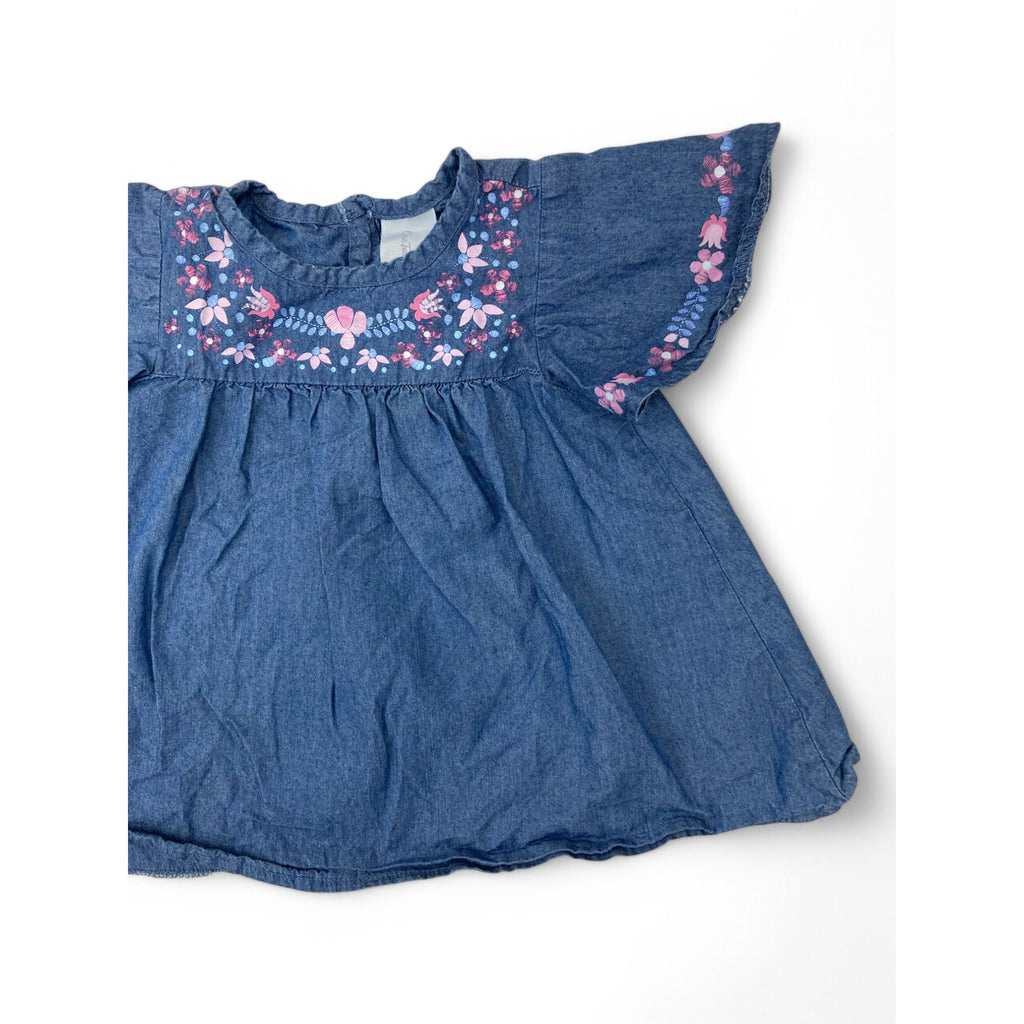3-6M Light Blue Floral Detail Denim Top - OneTwoThree