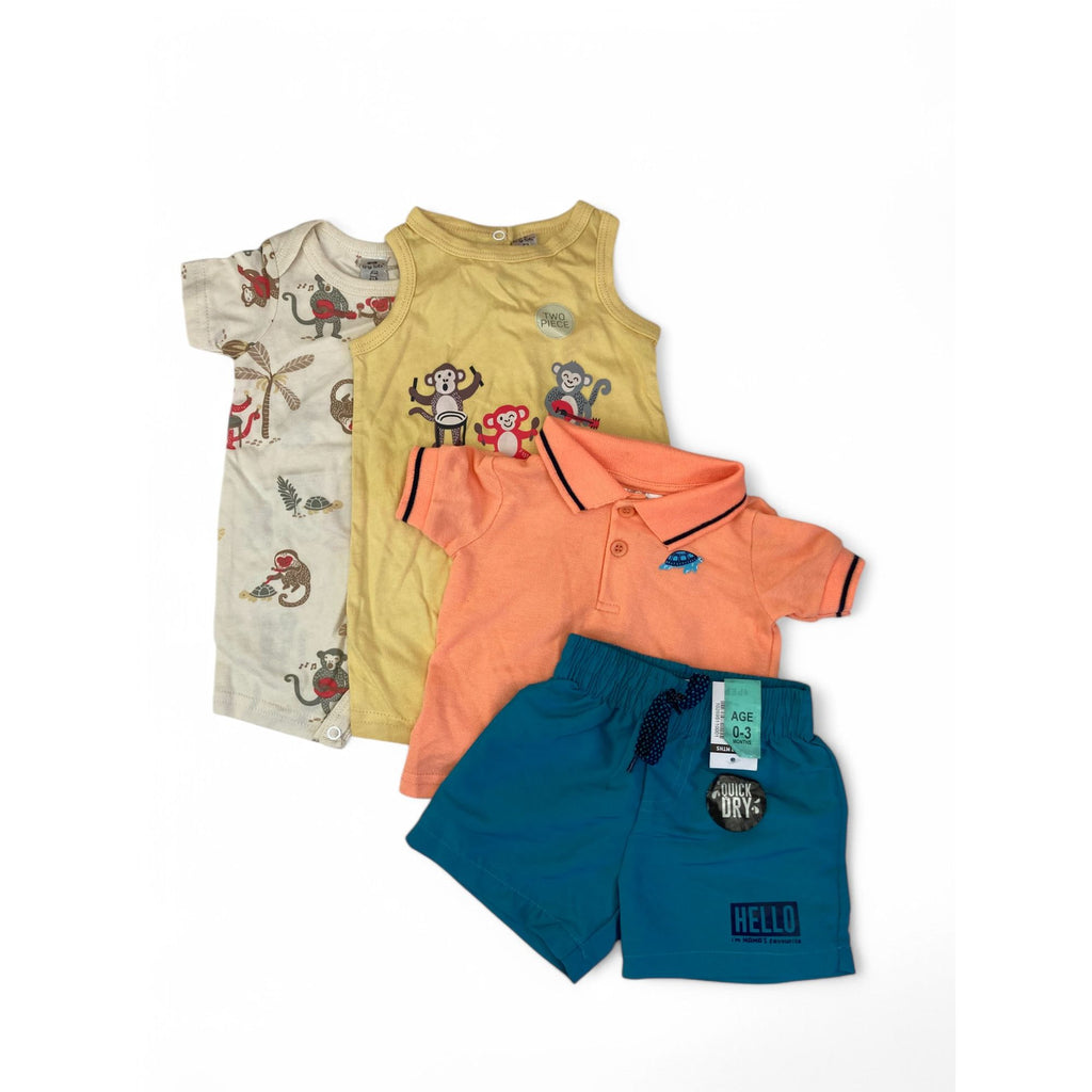0-3M Swim Shorts, Rompers & Golfer Top - Pep, Tiny Tots