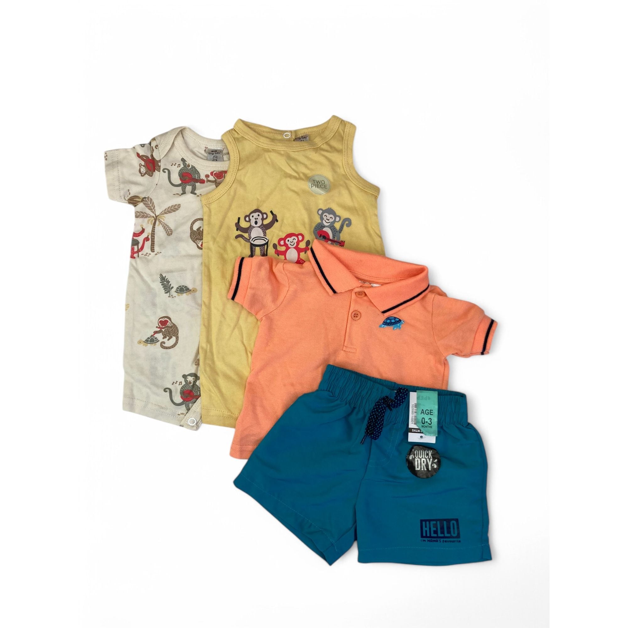 0-3M Swim Shorts, Rompers & Golfer Top - Pep, Tiny Tots