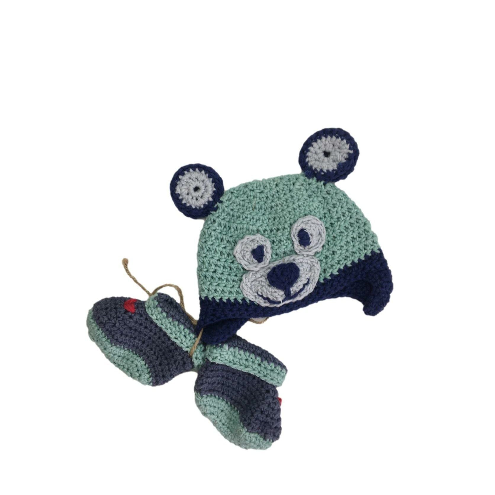 0-3M Mint & Blue Knit Bear Beanie & Booties