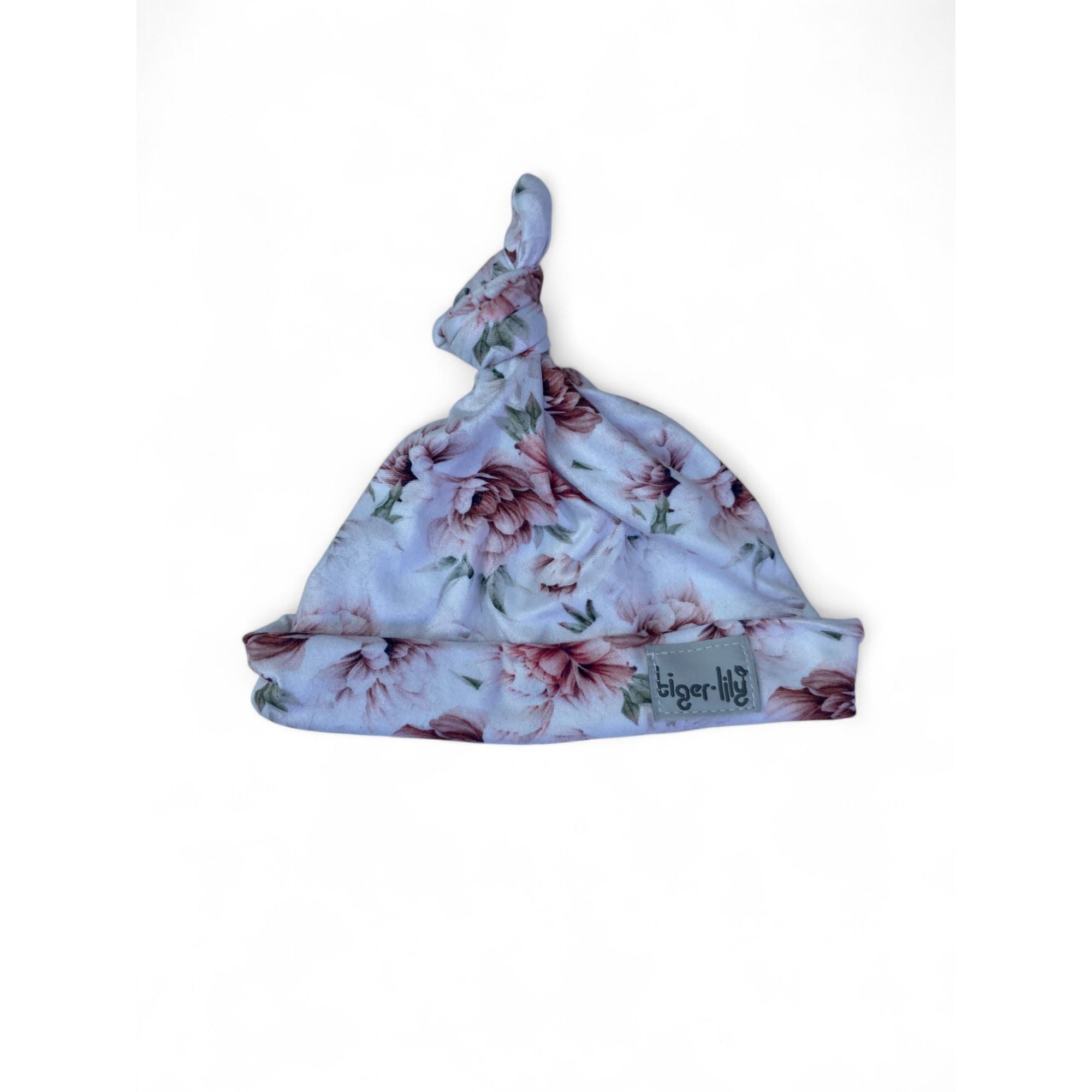 3-6M White Peony Printed Knot Beanie - Tiger Lily