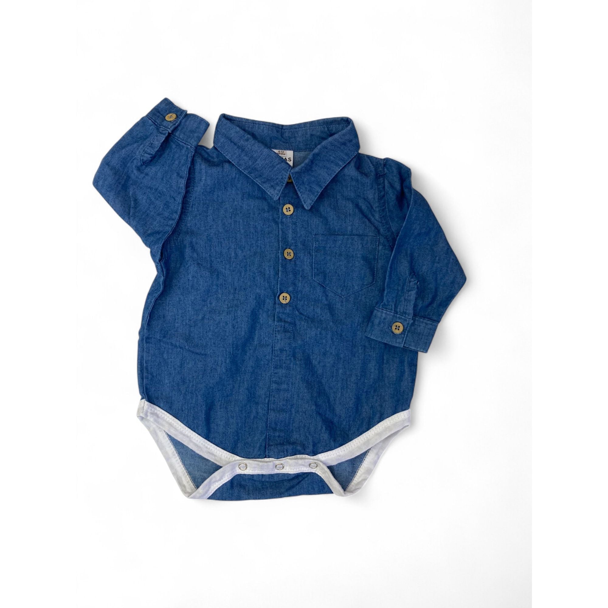 6-12M Blue Denim Shirt Romper - Kapas