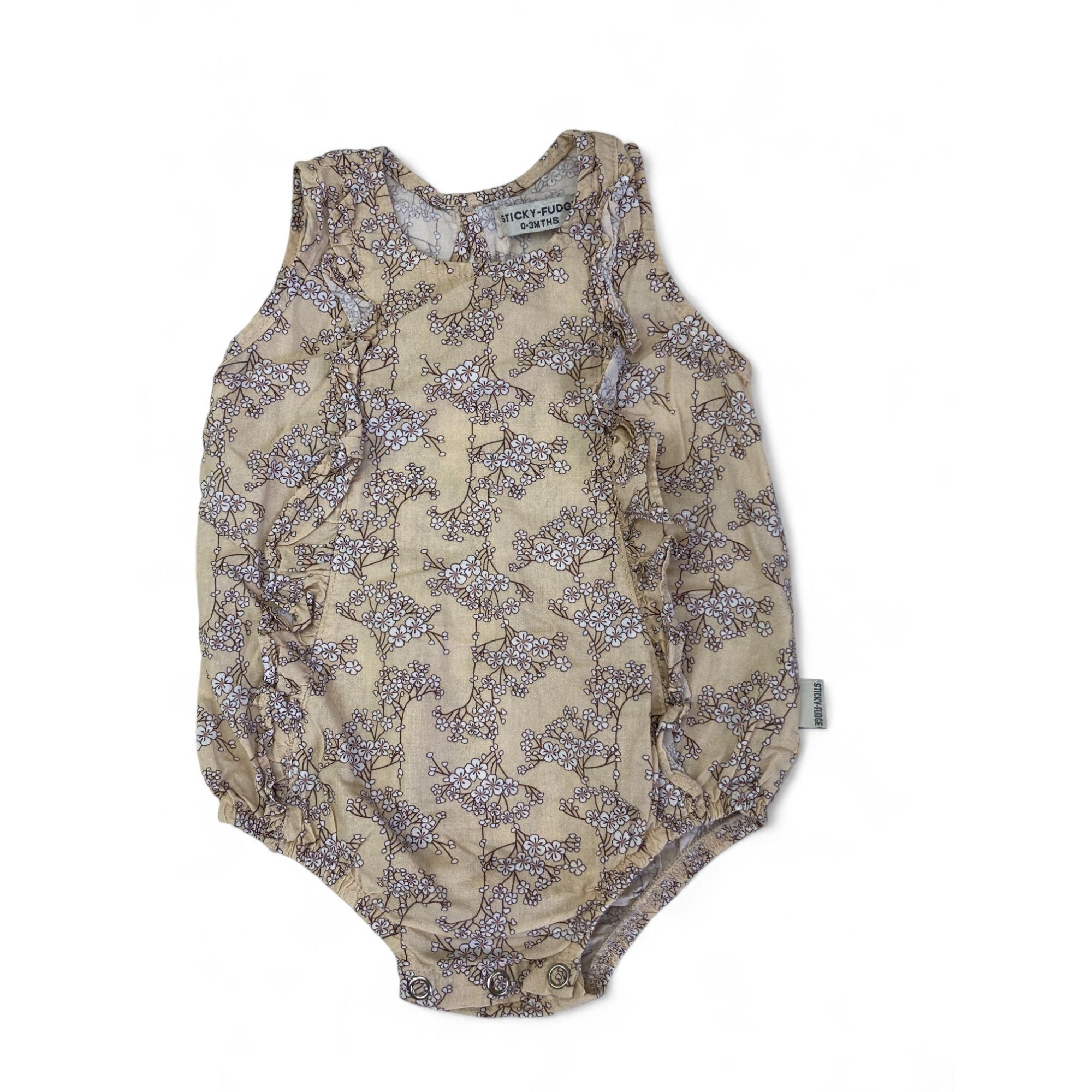 0-3M Beige & Purple Vine Sleeveless Romper - Sticky Fudge