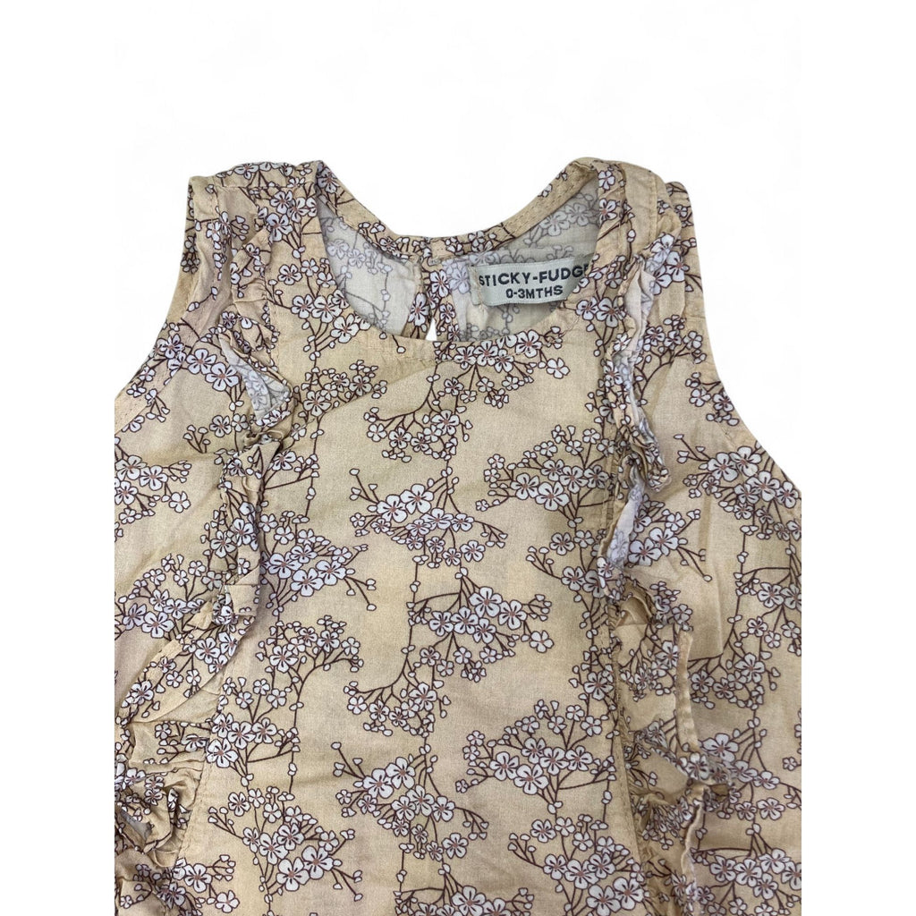 0-3M Beige & Purple Vine Sleeveless Romper - Sticky Fudge
