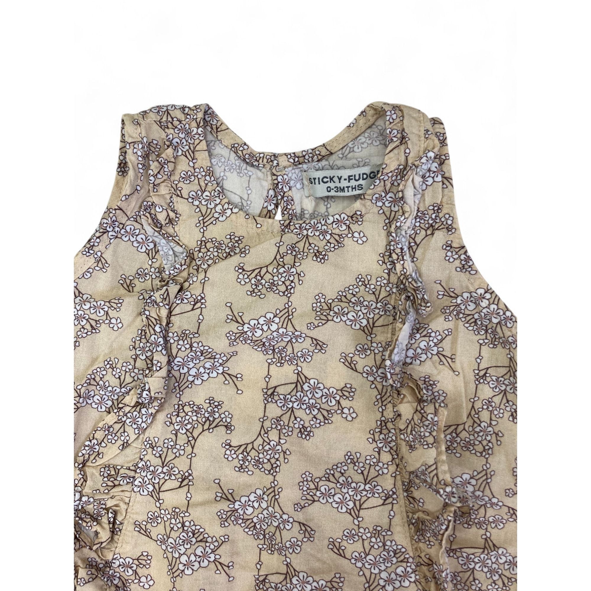 0-3M Beige & Purple Vine Sleeveless Romper - Sticky Fudge