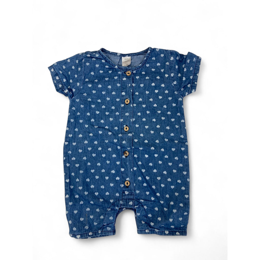 3-6M Blue Denim Heart Romper - Tiny Tots