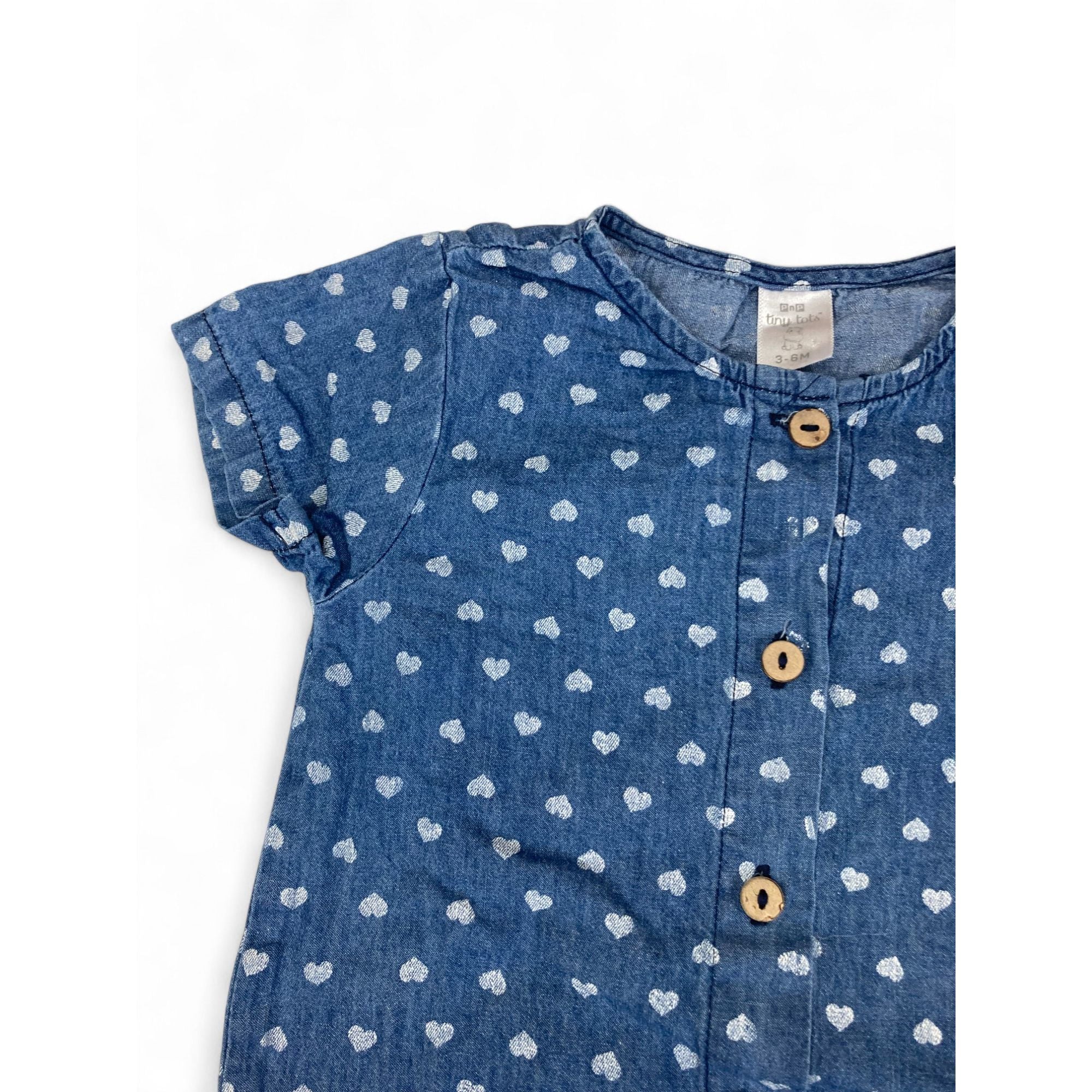 3-6M Blue Denim Heart Romper - Tiny Tots