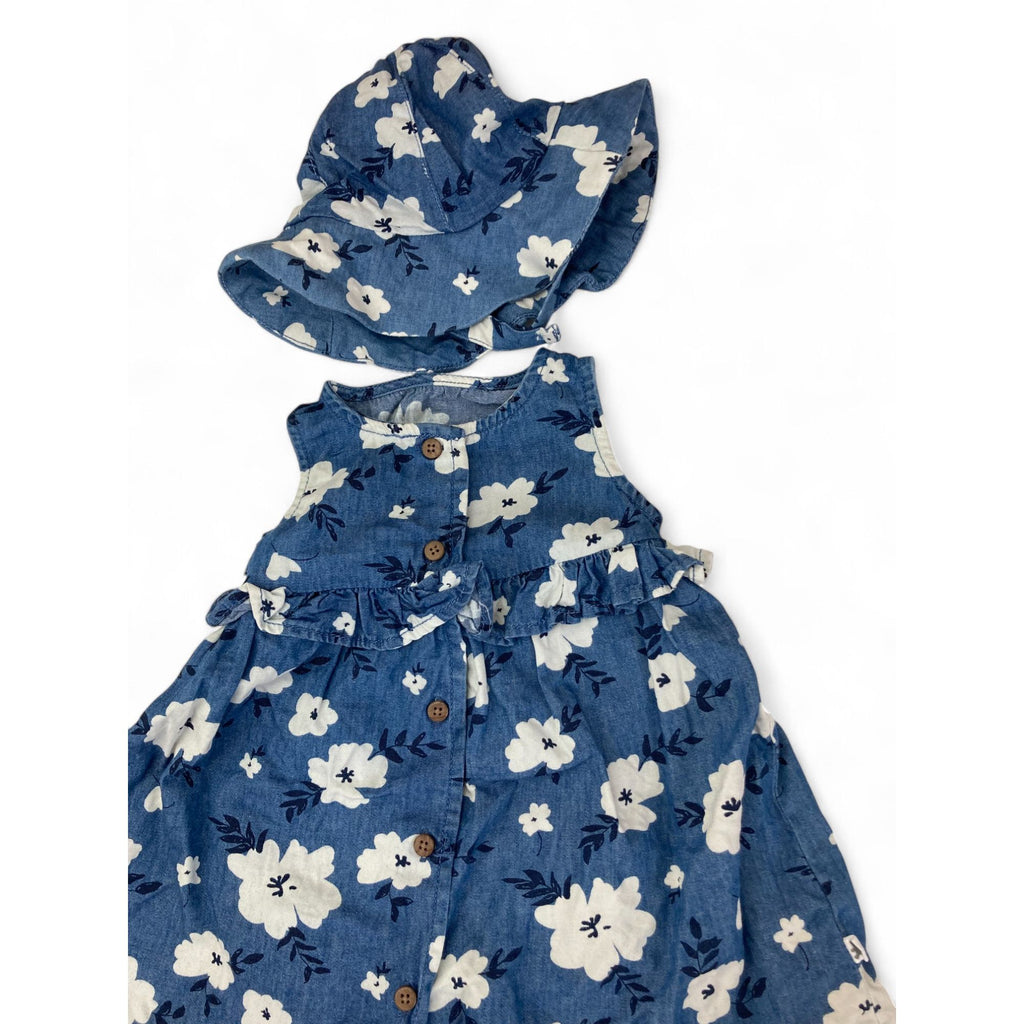 3-6M Dark Blue & White Floral Dress, Hat & Bloomer - Woolworths