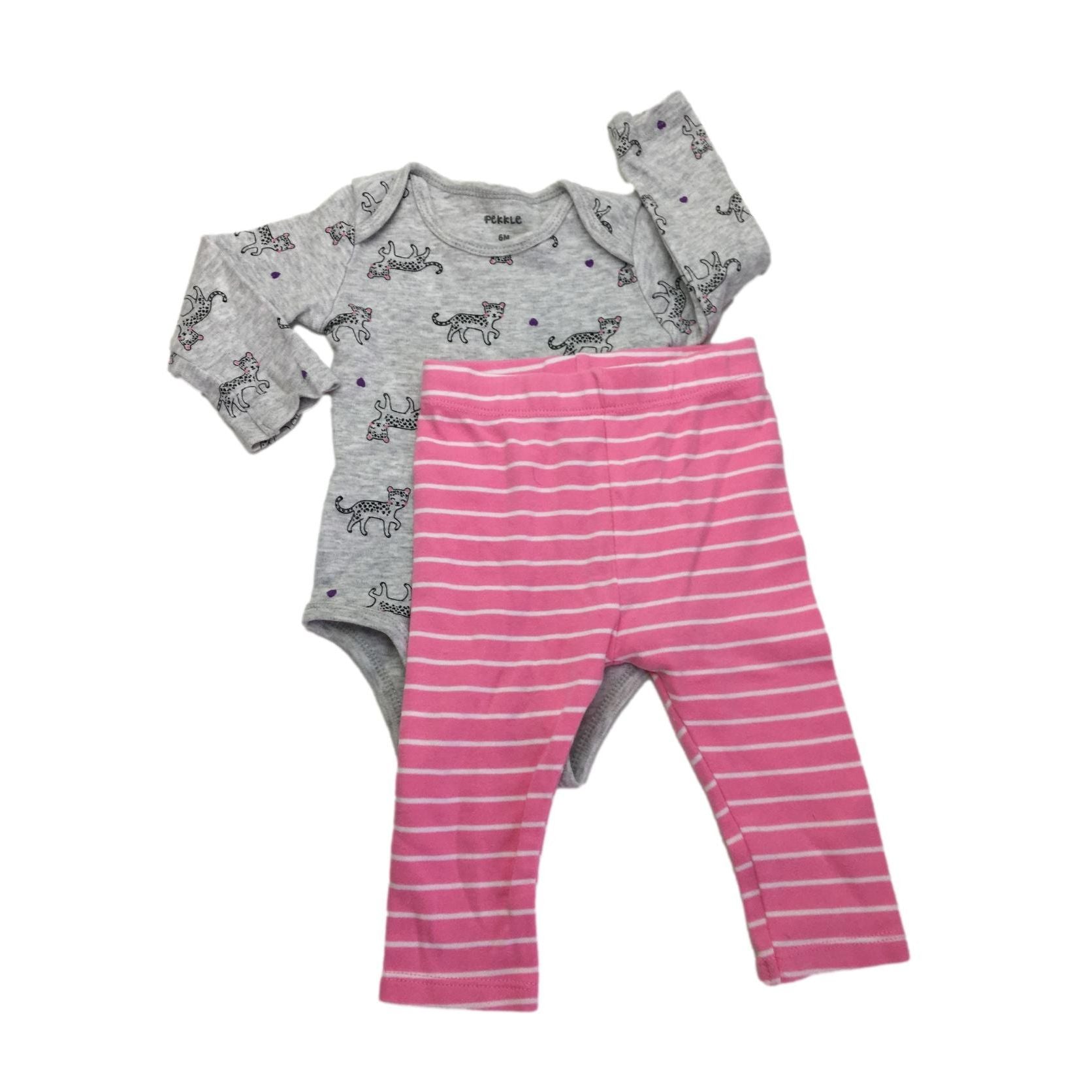 6M Grey Melange Cheetah Bodysuit & Pink Striped Leggings - Pekkie