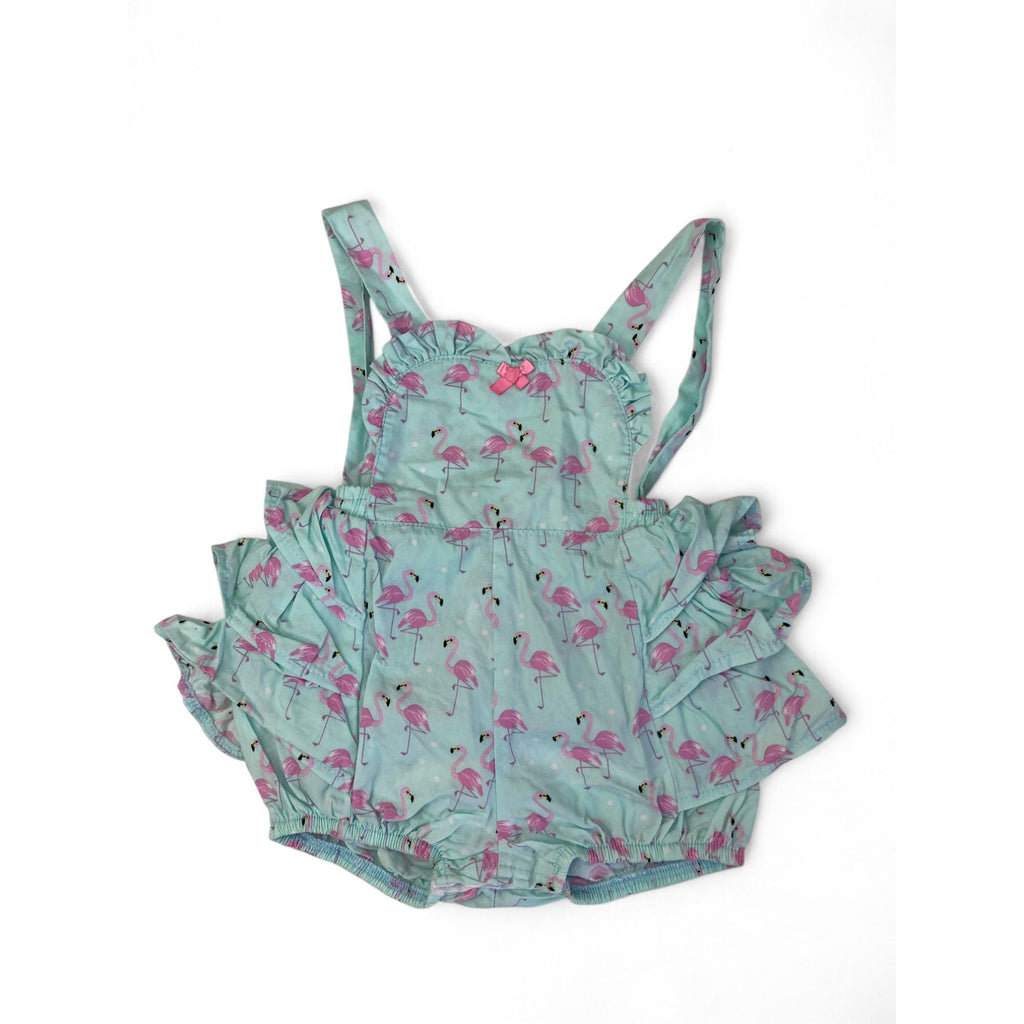 3-6M Light Blue & Pink Flamingo Pinafore Romper - Princess Gabi
