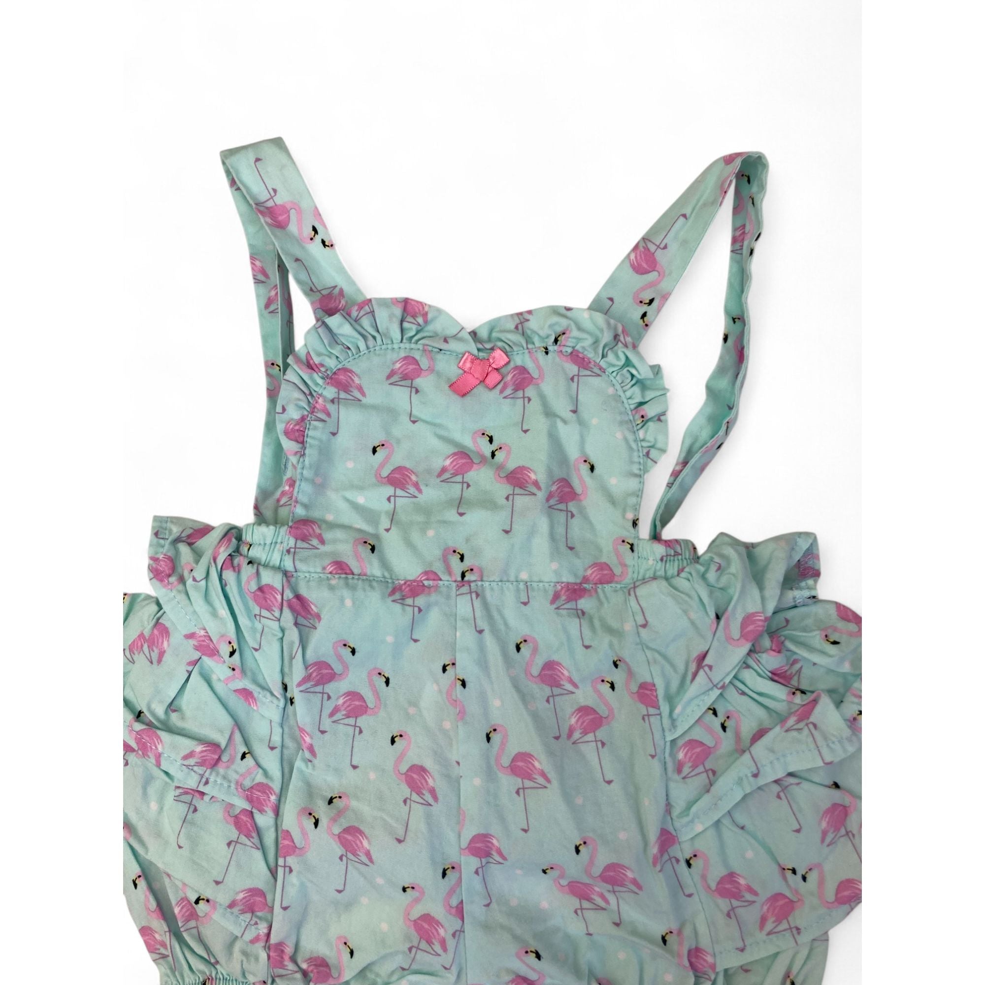 3-6M Light Blue & Pink Flamingo Pinafore Romper - Princess Gabi