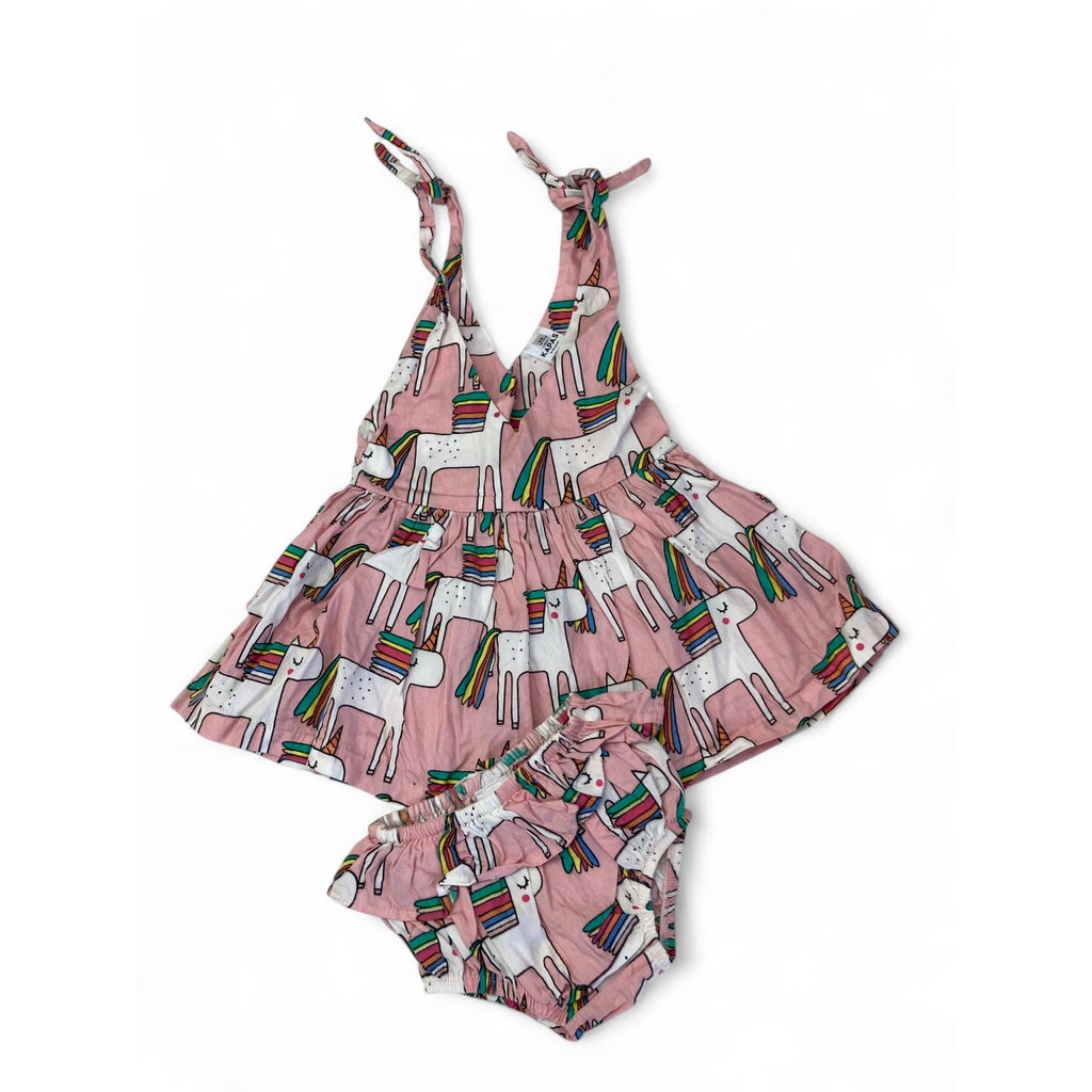 3-6M Light Pink Unicorn Pinafore Dress & Bloomer - Kapas
