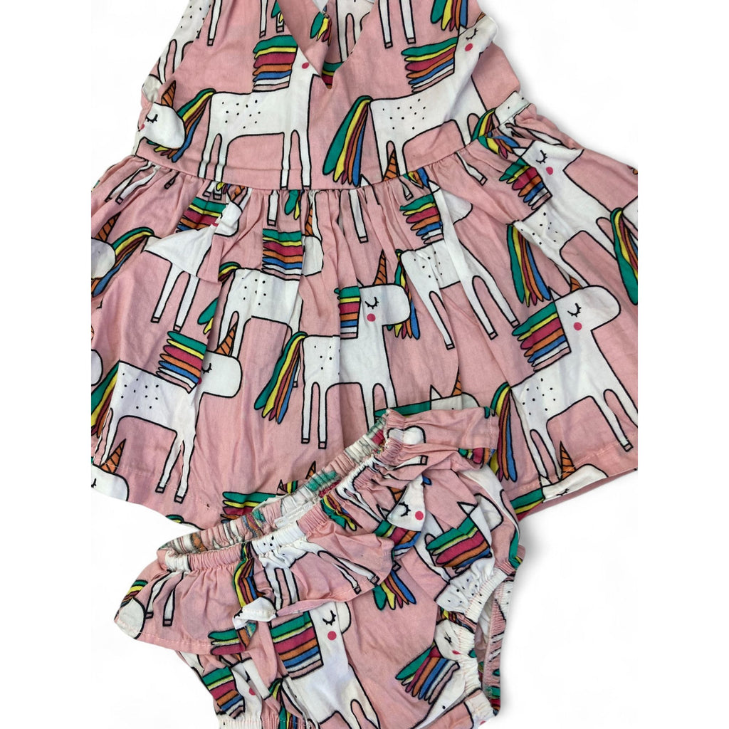 3-6M Light Pink Unicorn Pinafore Dress & Bloomer - Kapas