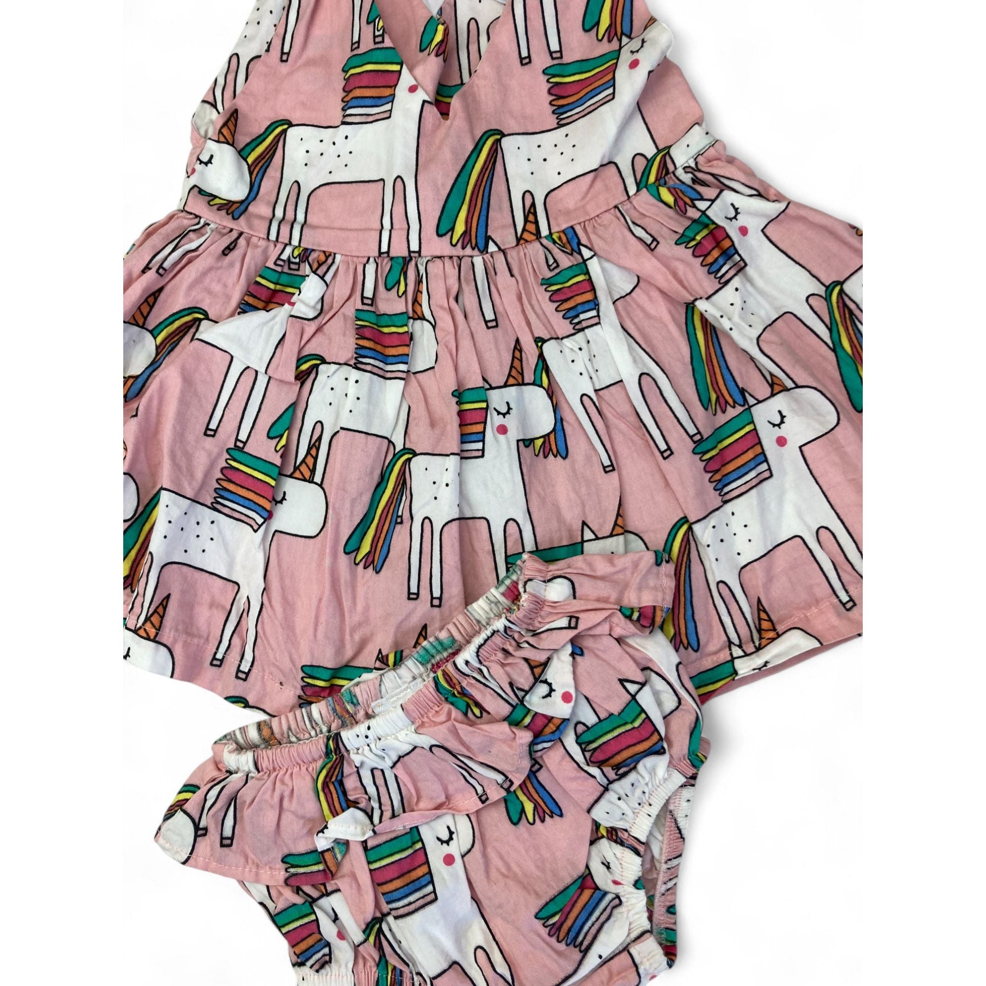 3-6M Light Pink Unicorn Pinafore Dress & Bloomer - Kapas