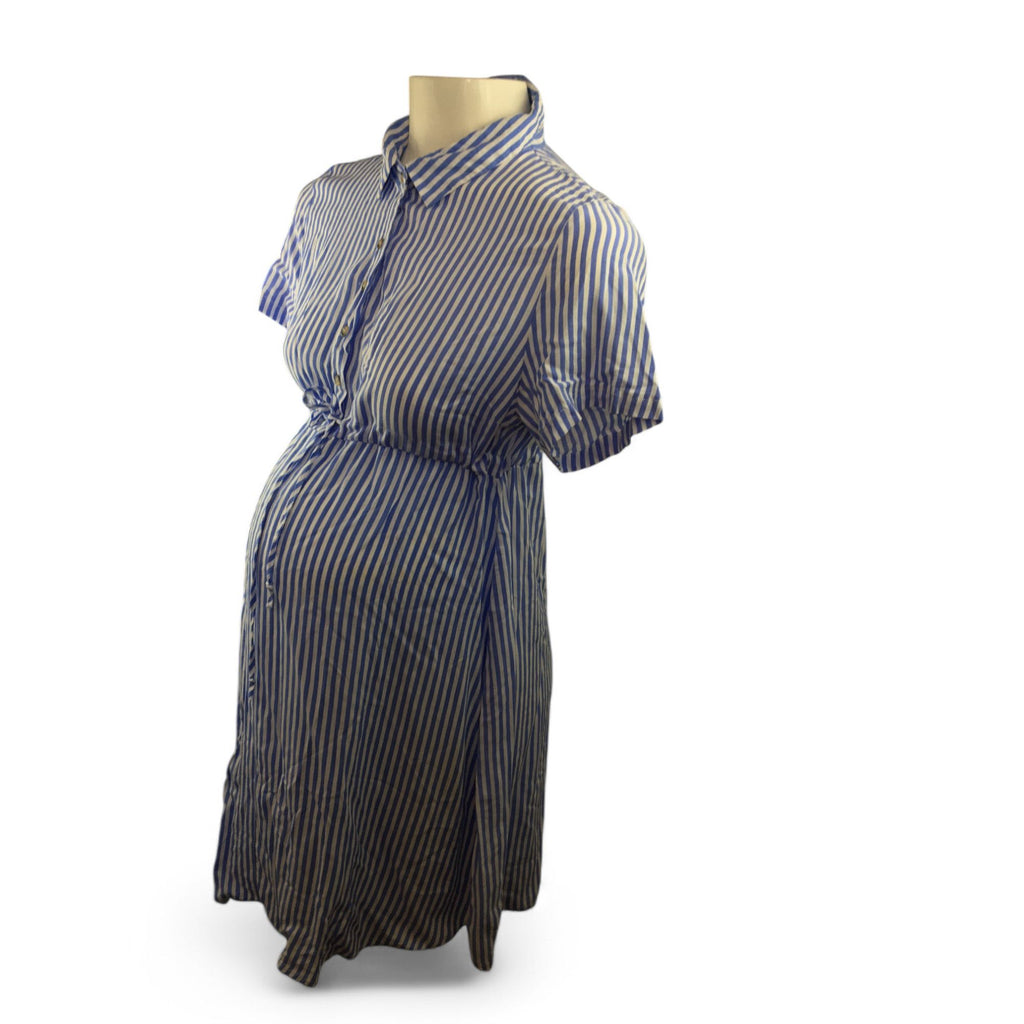Size 38 - Blue & White Stripe Maternity & Nursing Viscose Shirt Dress - Oakridge Maternity