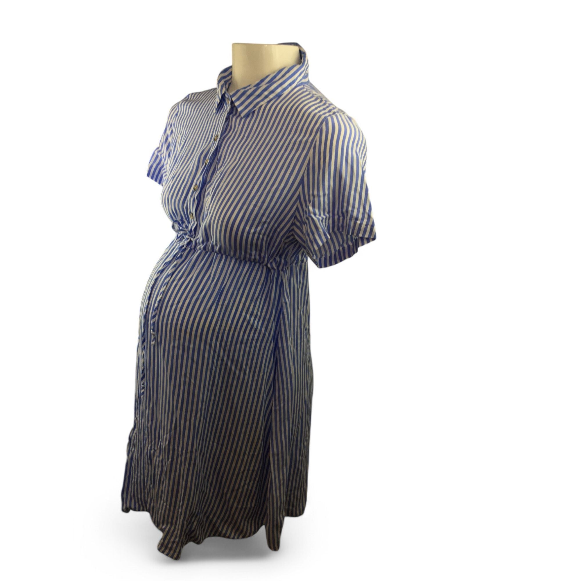 Size 38 - Blue & White Stripe Maternity & Nursing Viscose Shirt Dress - Oakridge Maternity