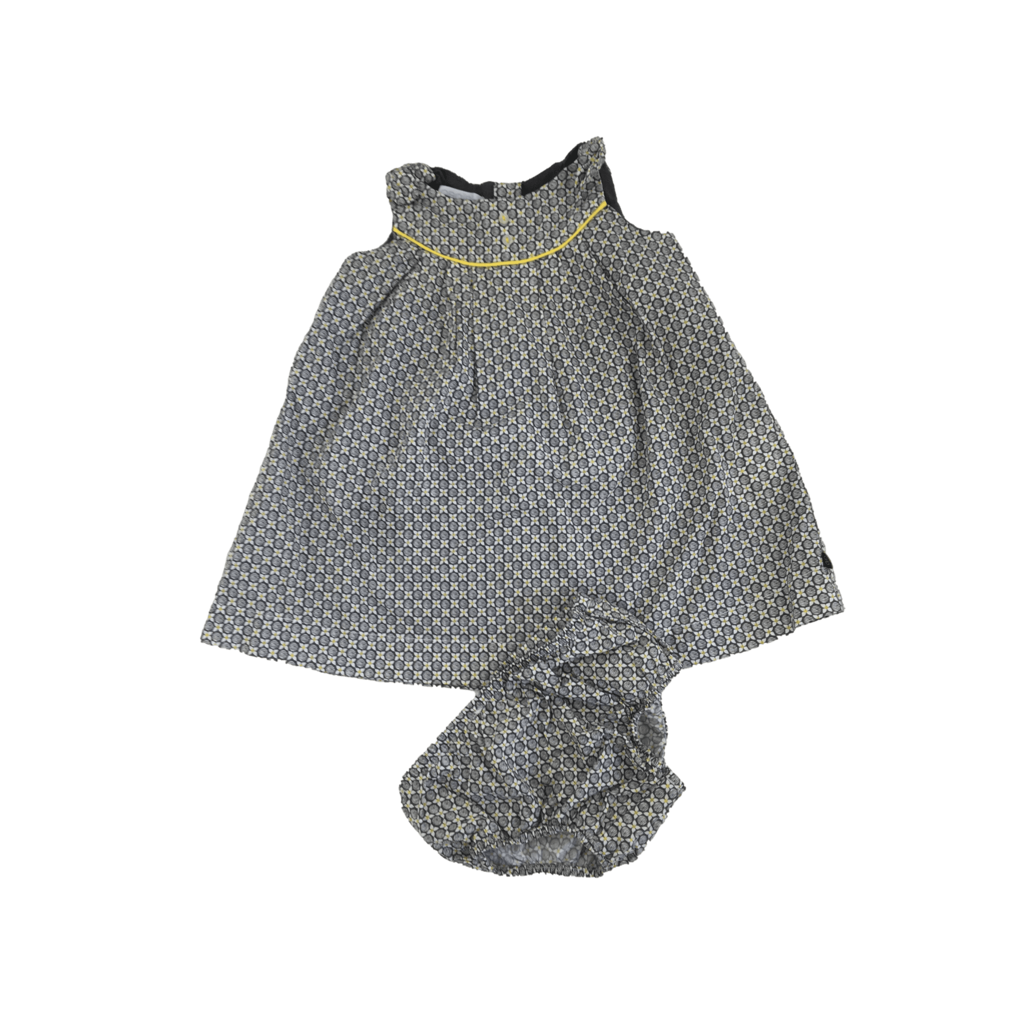 6M Grey, White & Yellow Geometric Floral Dress & Bloomer - Obaïbi