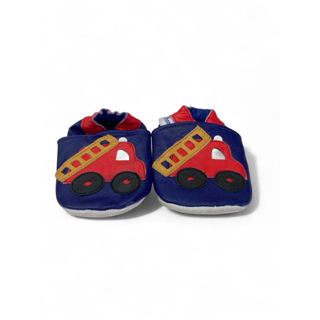 3-6M Navy Blue & Red Firetruck Leather Slippers - Shoozies