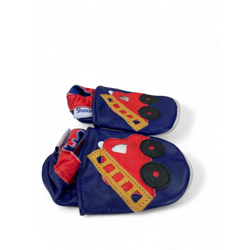 3-6M Navy Blue & Red Firetruck Leather Slippers - Shoozies