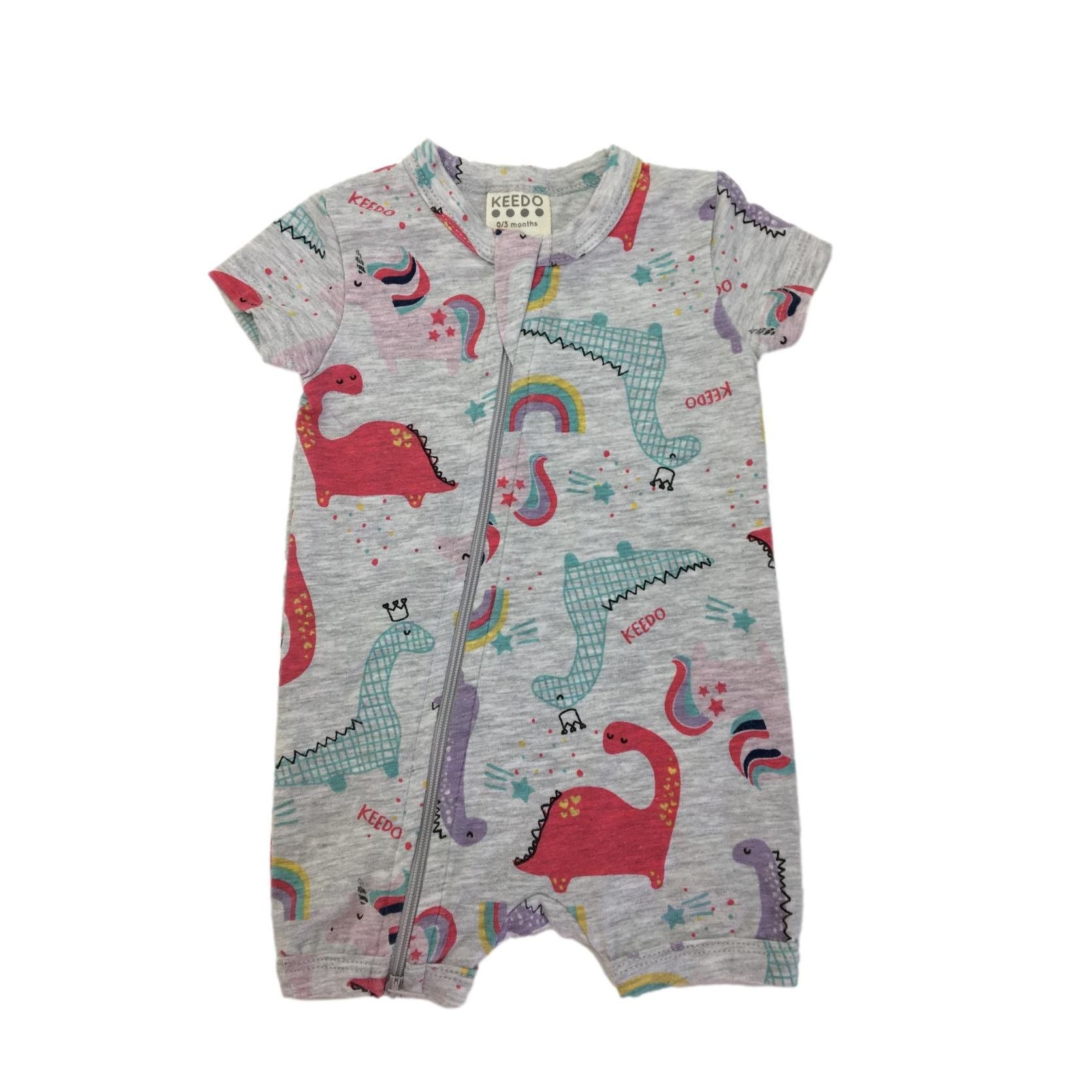 0-3M Grey Zip Dinosaur Romper - Keedo