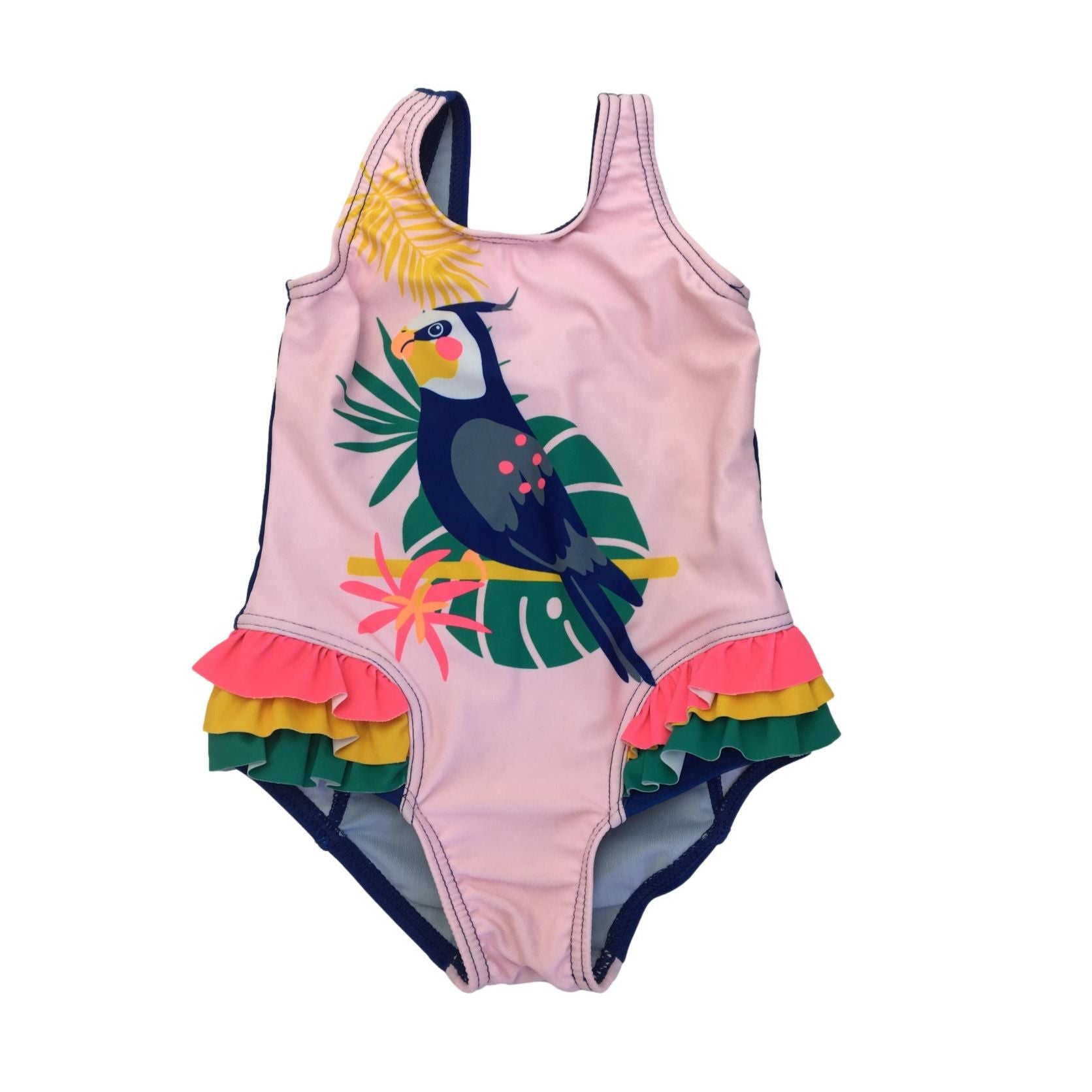 3-6M Pink Colourful Parrot Frill Swimsuit - Clicks