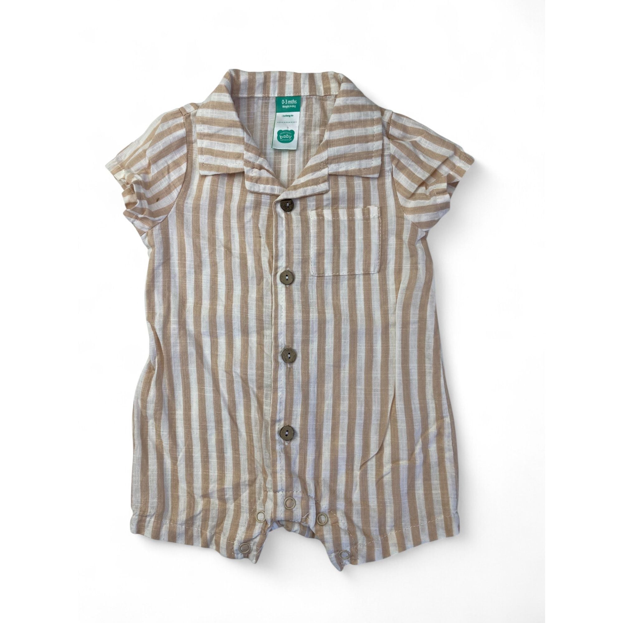 0-3M White & Beige Button Stripe Shirt Romper - Ackermans