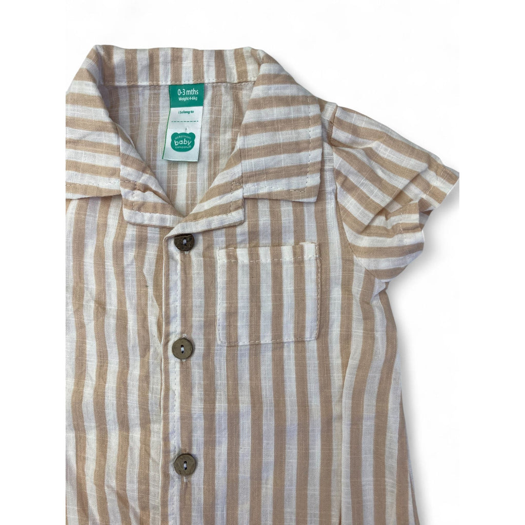 0-3M White & Beige Button Stripe Shirt Romper - Ackermans