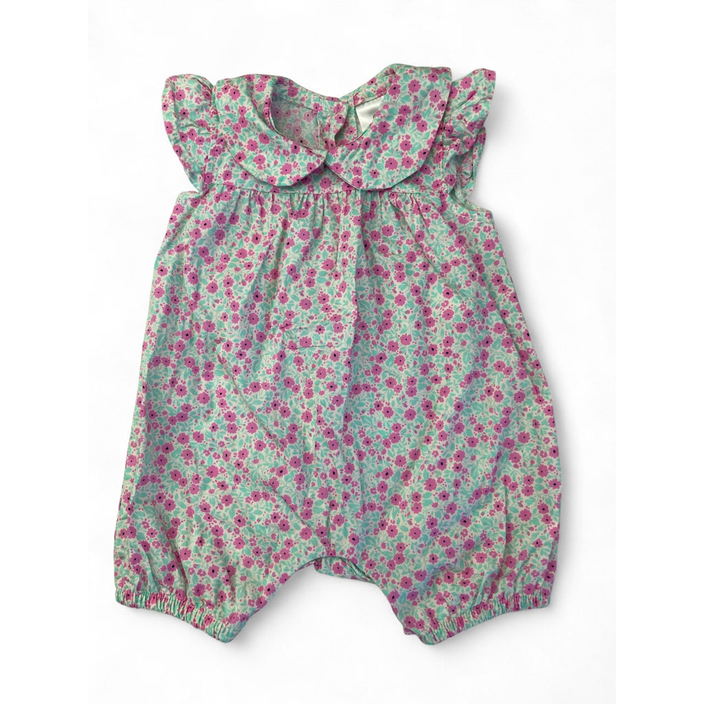 0-3M White, Pink & Aqua Floral Collared Romper - Clicks