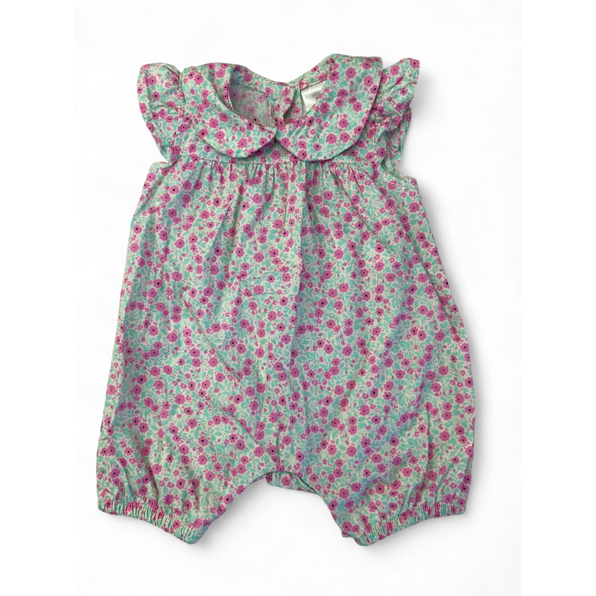 0-3M White, Pink & Aqua Floral Collared Romper - Clicks