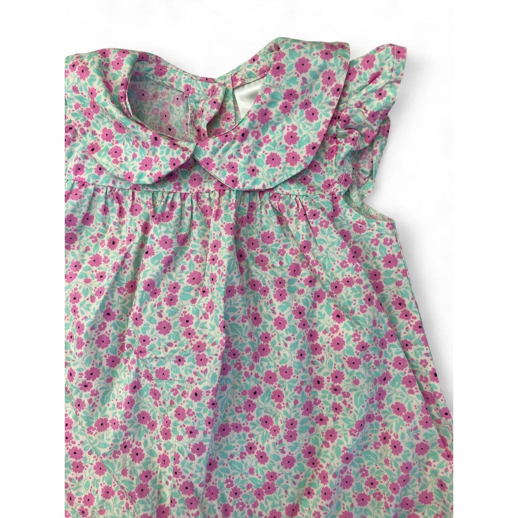 0-3M White, Pink & Aqua Floral Collared Romper - Clicks