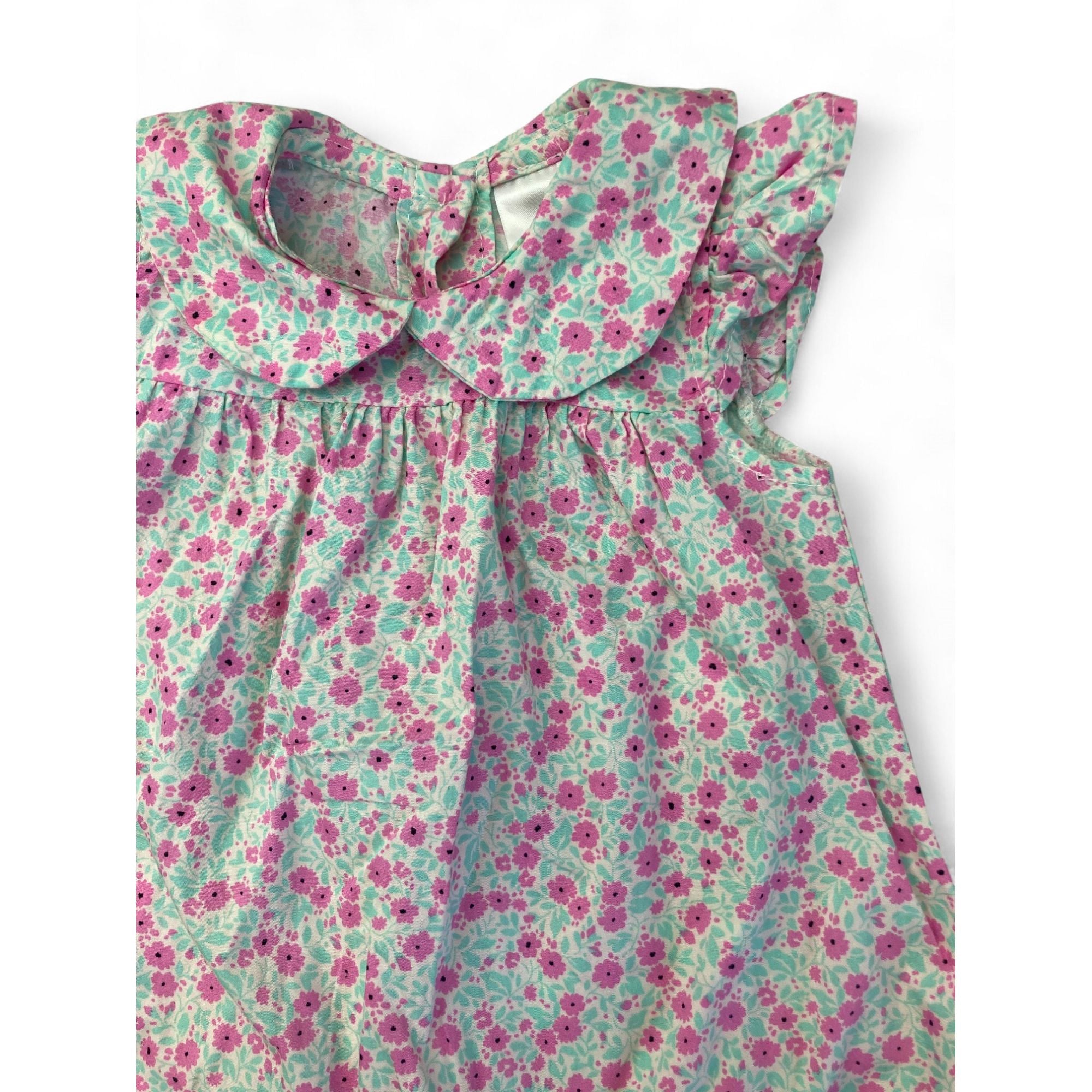 0-3M White, Pink & Aqua Floral Collared Romper - Clicks