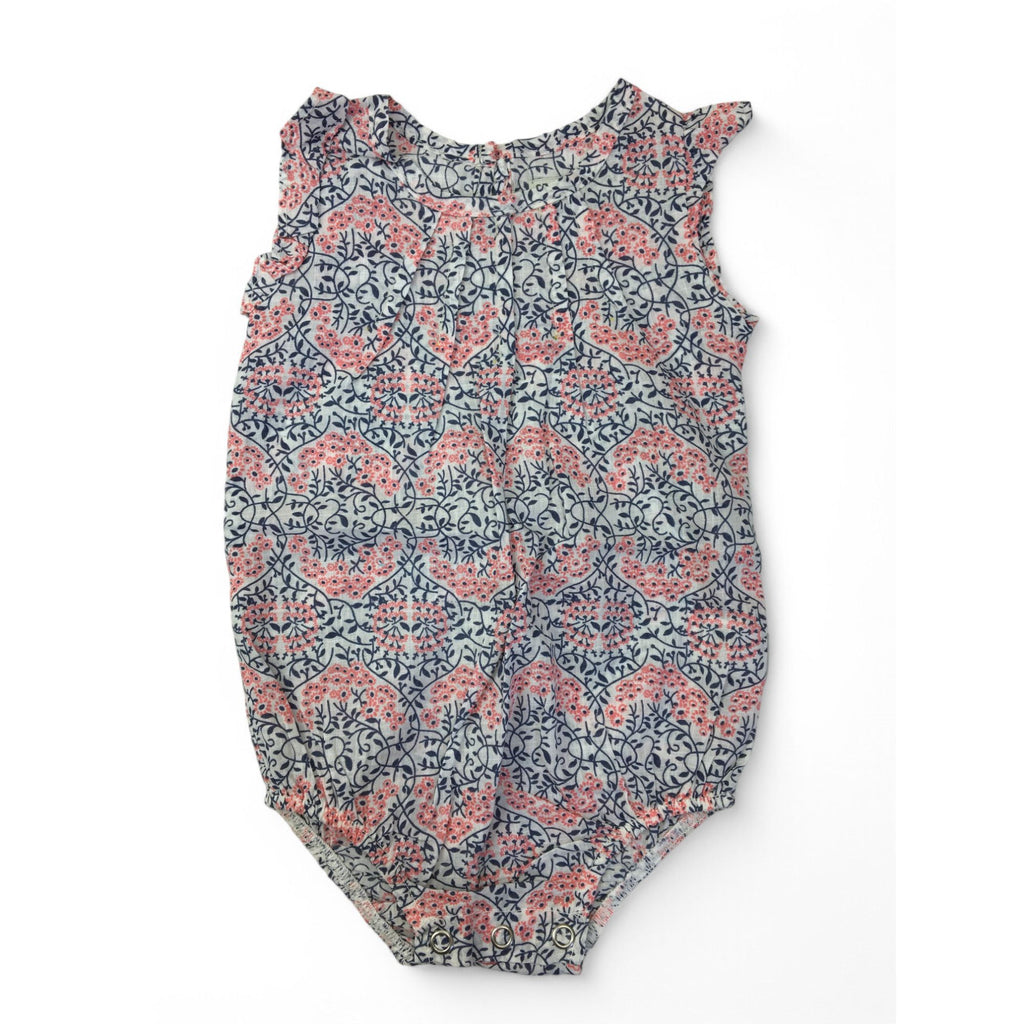 0-3M White, Navy & Pink Vine Printed Romper - Sticky Fudge