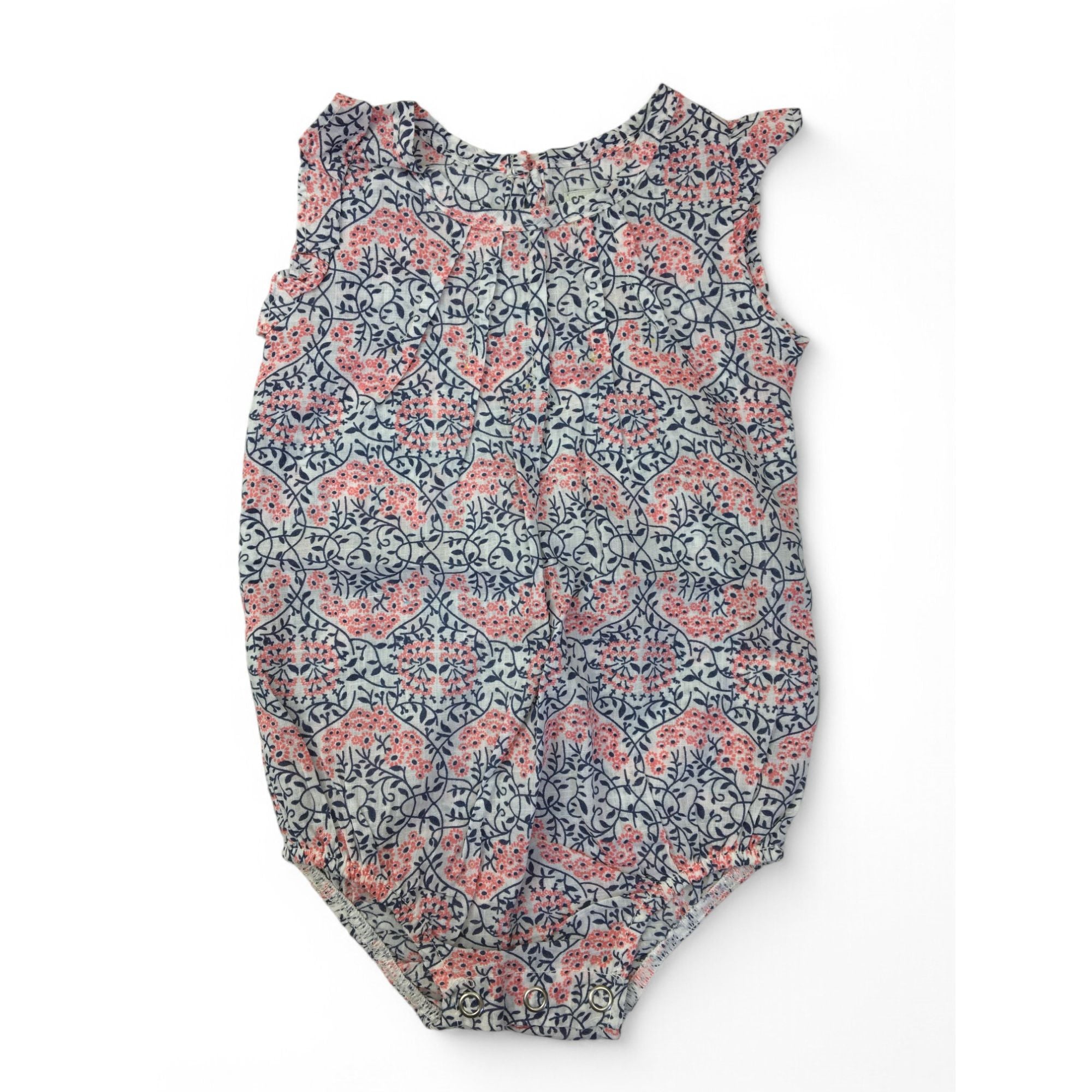 0-3M White, Navy & Pink Vine Printed Romper - Sticky Fudge