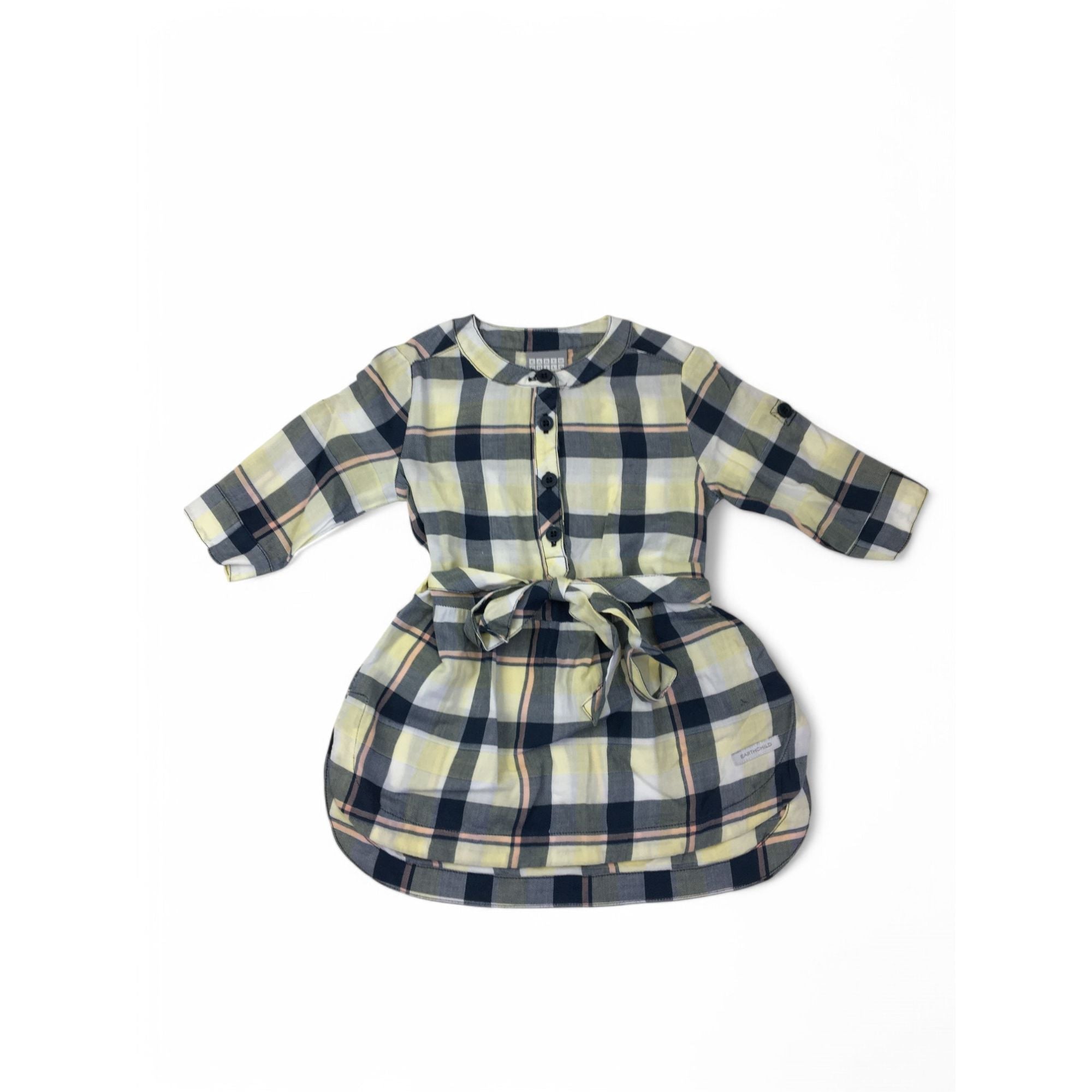 6-12M Navy & Yellow Plaid Belted Tunic Shirt Dress - Earthchild